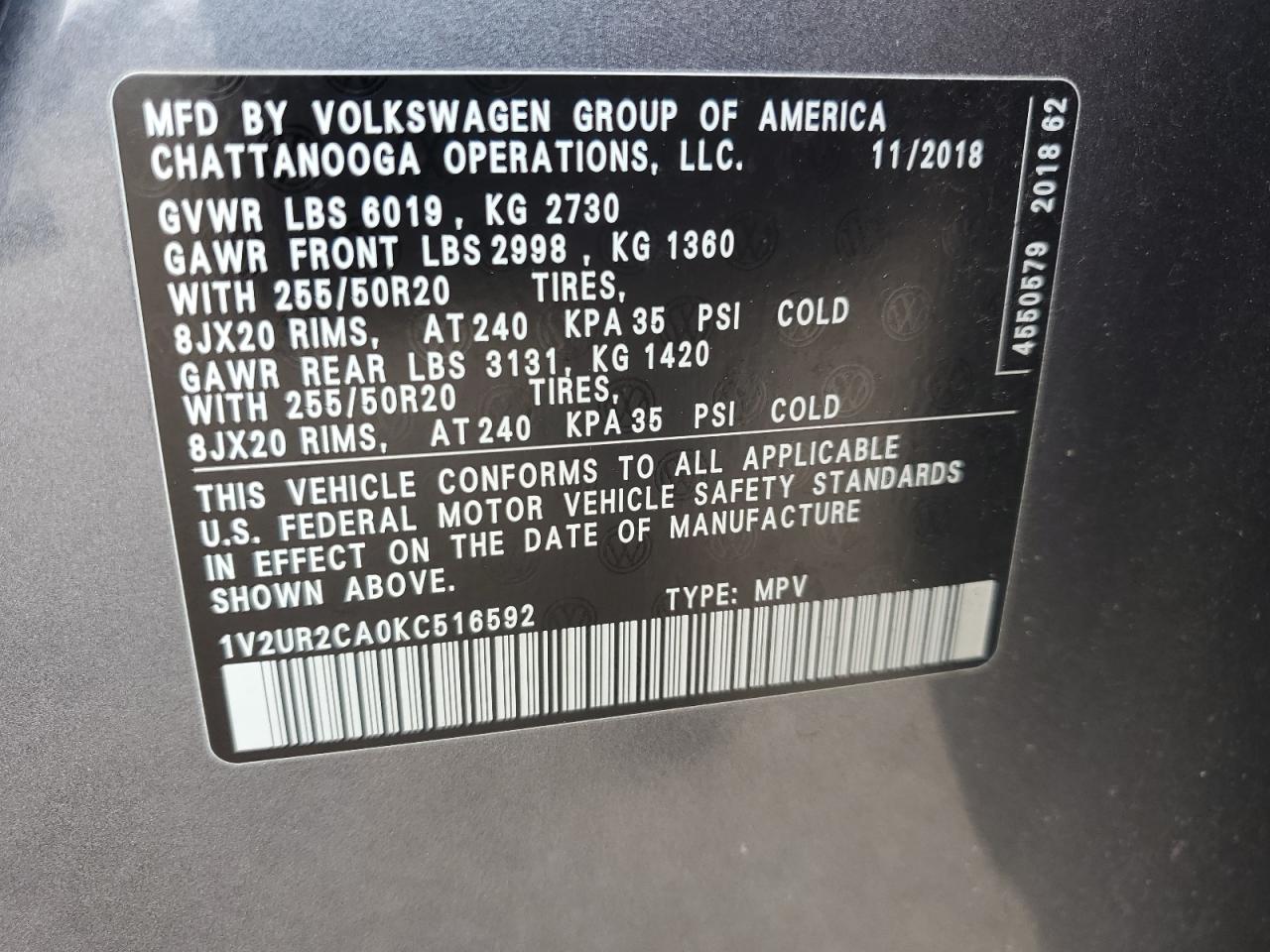 1V2UR2CA0KC516592 2019 Volkswagen Atlas Se