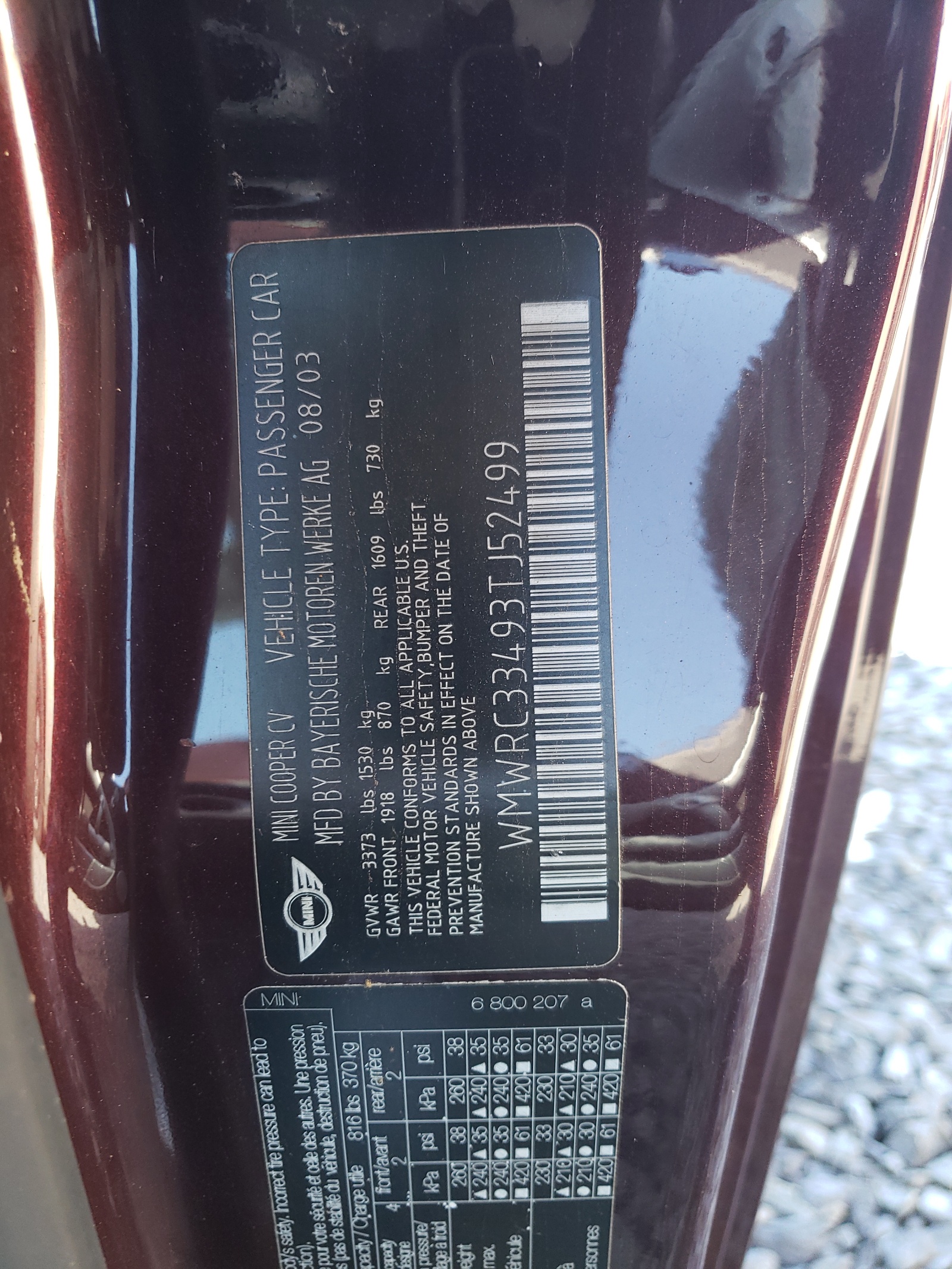 WMWRC33493TJ52499 2003 Mini Cooper