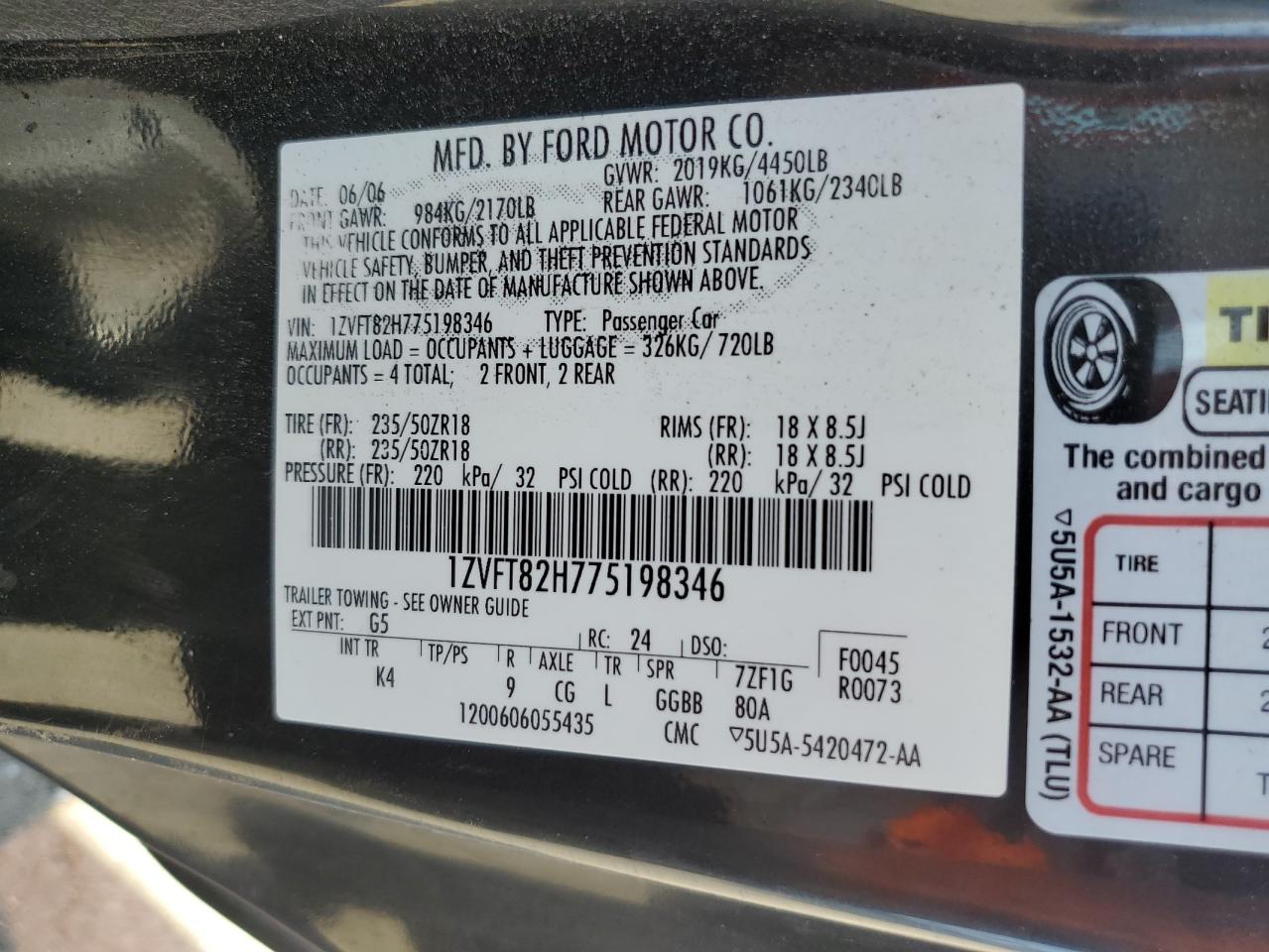 2007 Ford Mustang Gt VIN: 1ZVFT82H775198346 Lot: 63704414