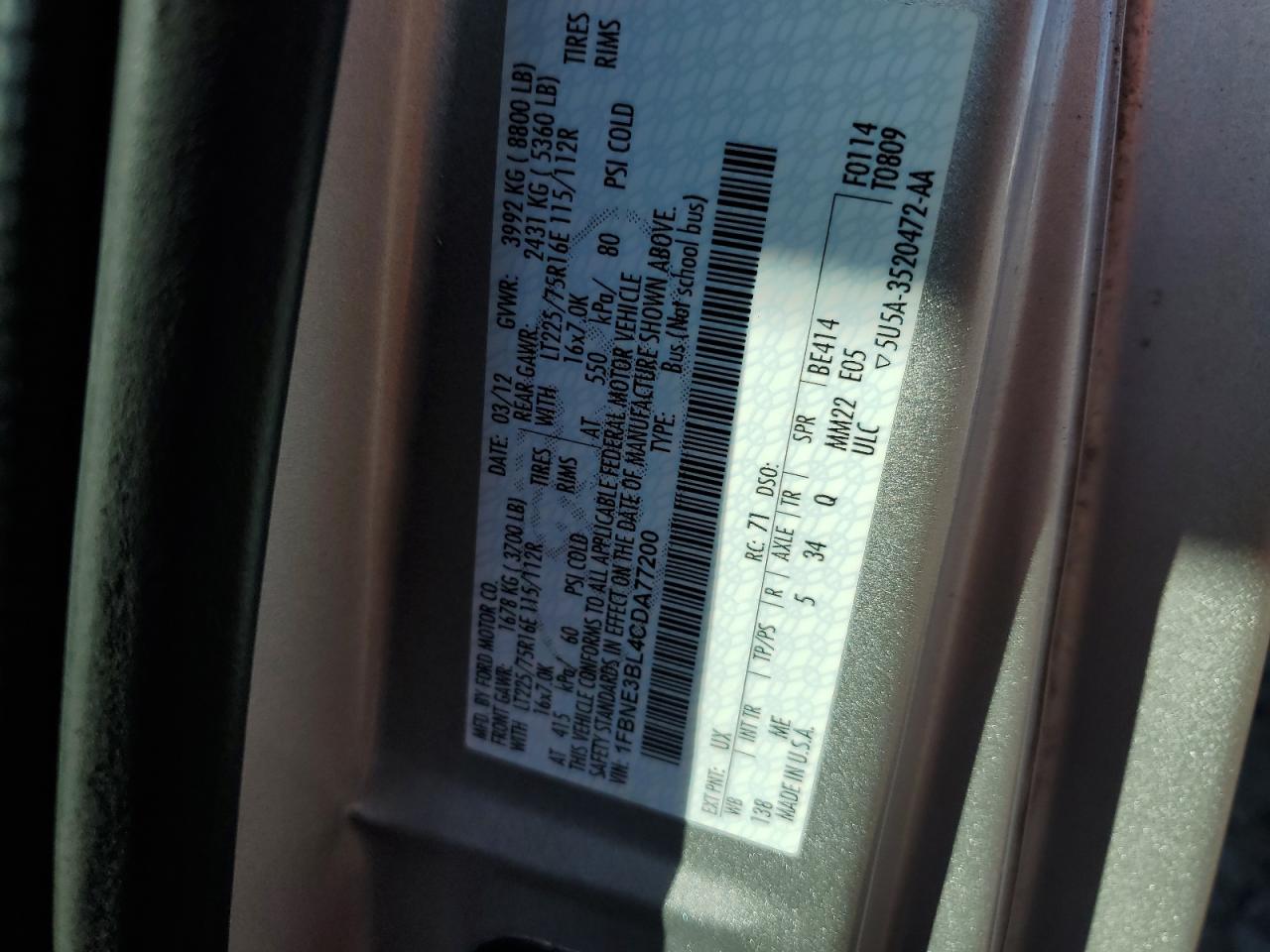 2012 Ford Econoline E350 Super Duty Wagon VIN: 1FBNE3BL4CDA77200 Lot: 61873534