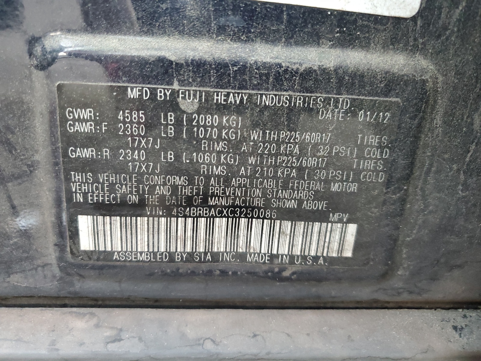 4S4BRBACXC3250086 2012 Subaru Outback 2.5I