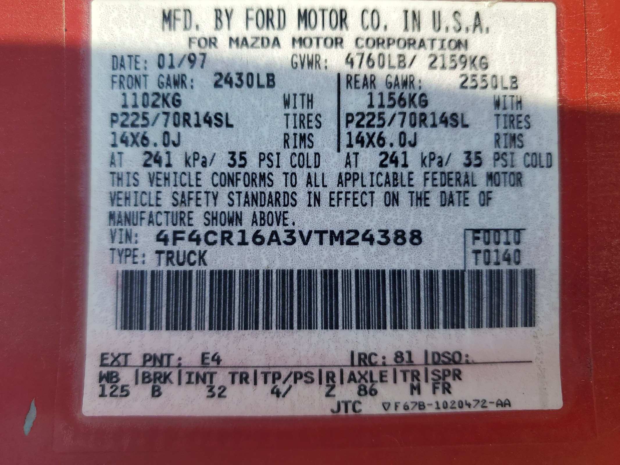 4F4CR16A3VTM24388 1997 Mazda B2300 Cab Plus