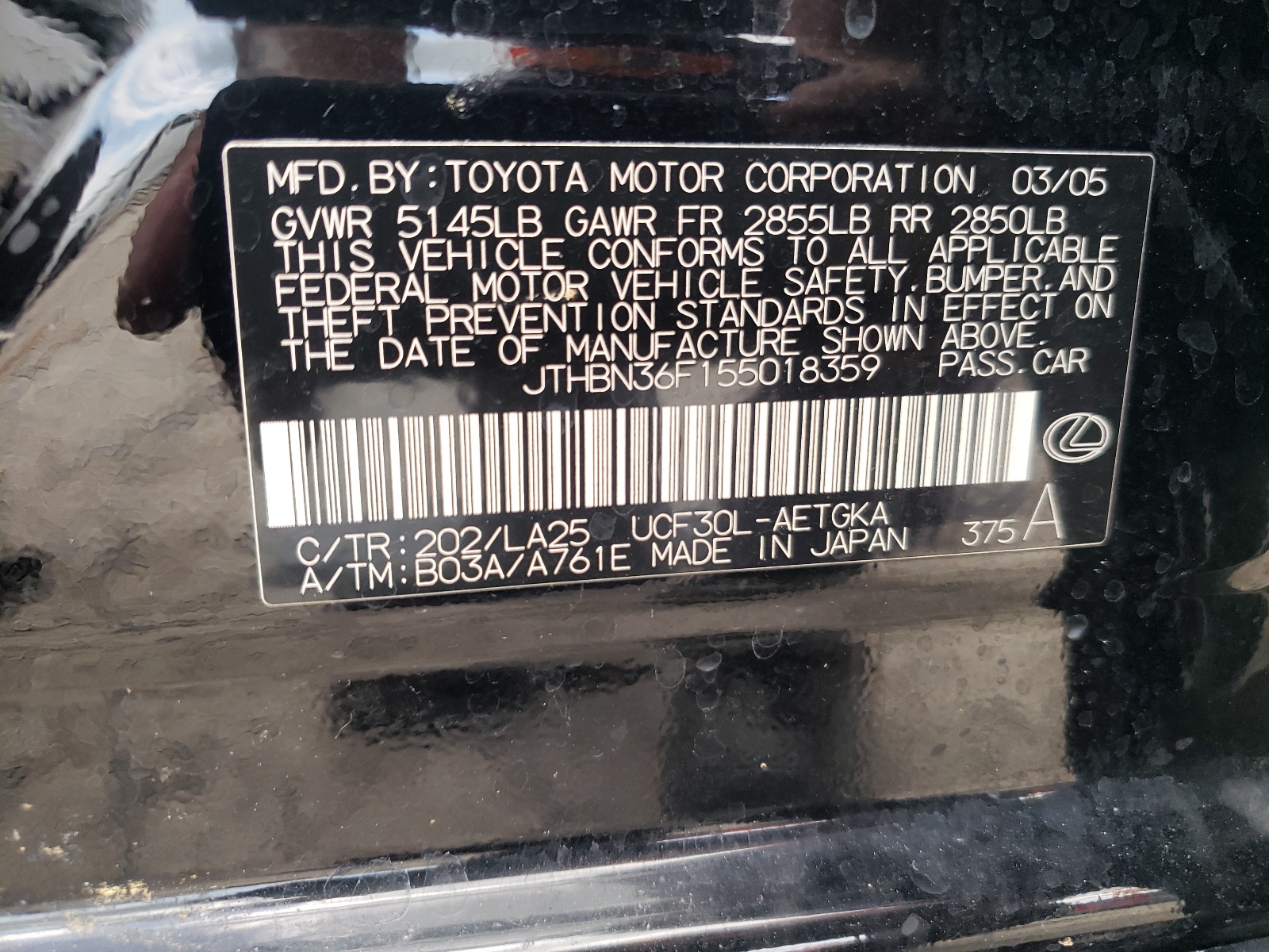 JTHBN36F155018359 2005 Lexus Ls 430