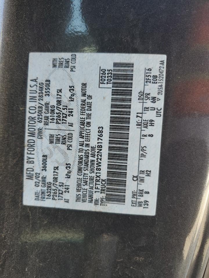 2002 Ford F150 VIN: 1FTRX18W22NB17683 Lot: 65060514