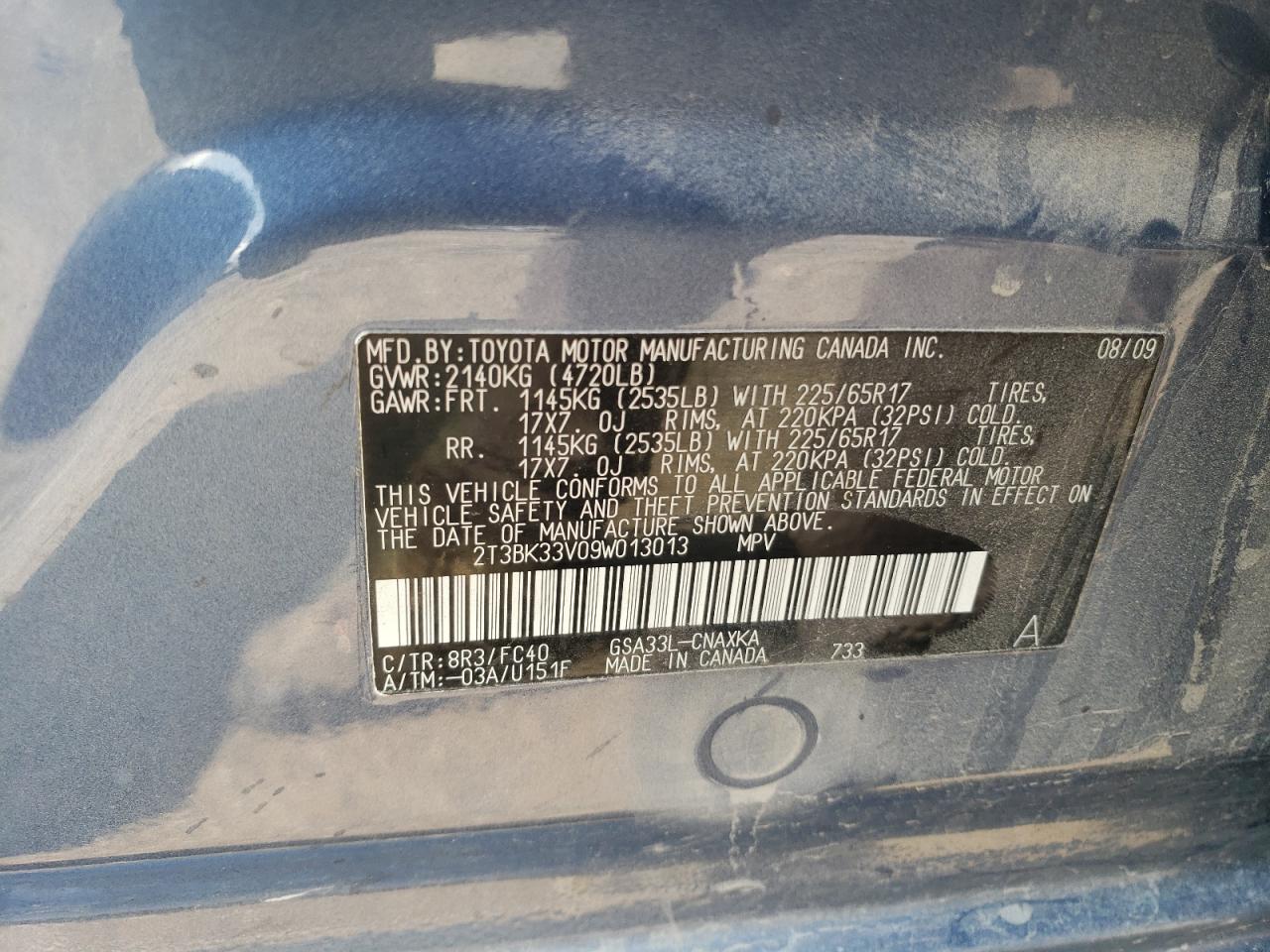 2009 Toyota Rav4 VIN: 2T3BK33V09W013013 Lot: 63028484