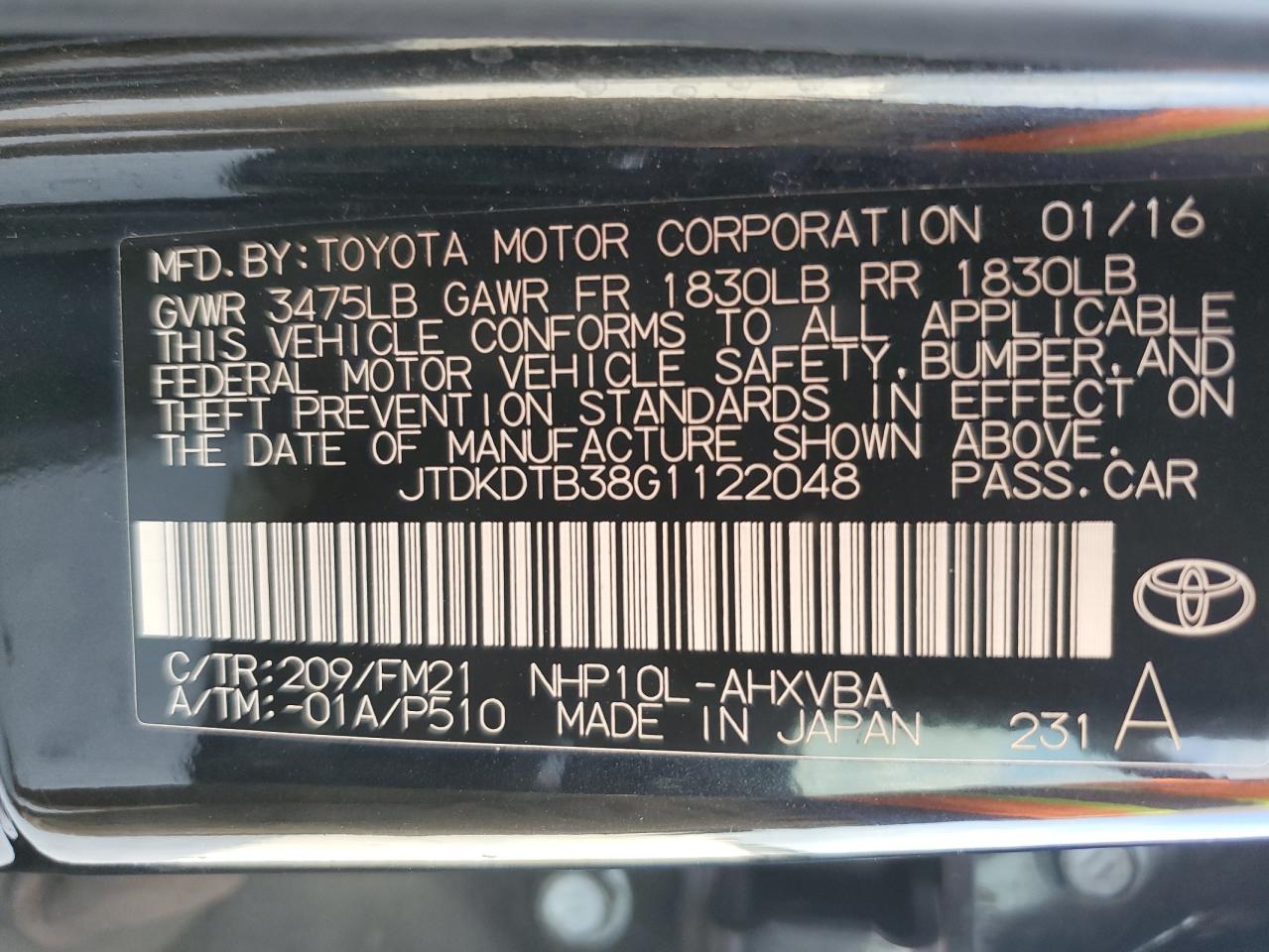 2016 Toyota Prius C VIN: JTDKDTB38G1122048 Lot: 61928184