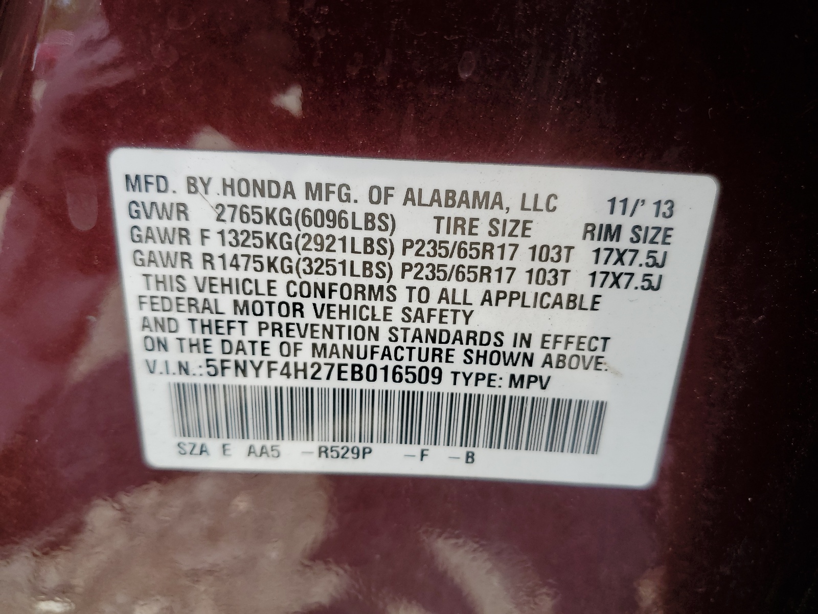 5FNYF4H27EB016509 2014 Honda Pilot Lx