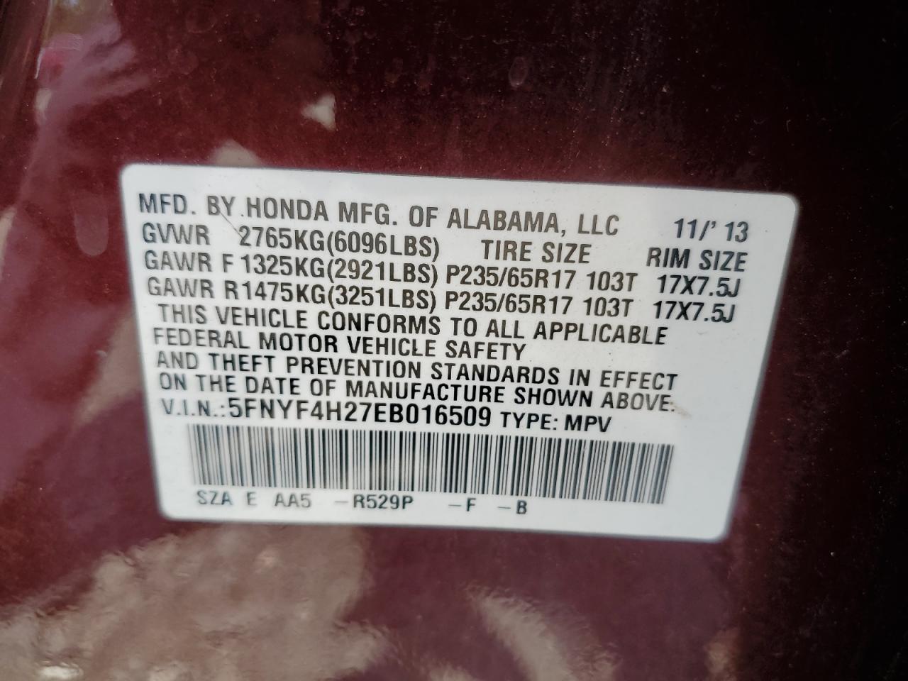 2014 Honda Pilot Lx VIN: 5FNYF4H27EB016509 Lot: 63263574