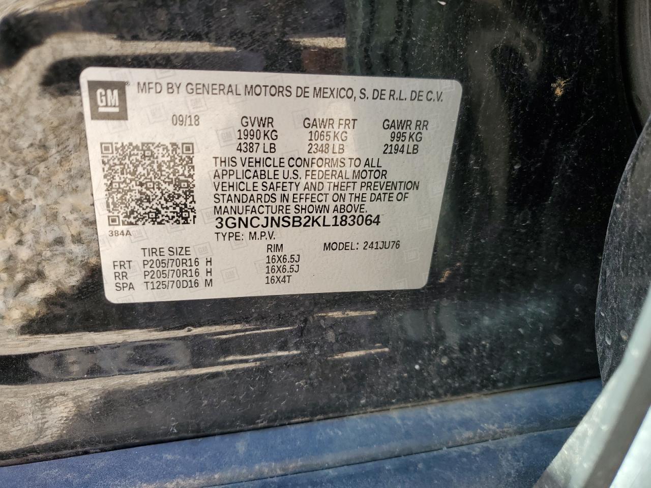 2019 Chevrolet Trax Ls VIN: 3GNCJNSB2KL183064 Lot: 61936154