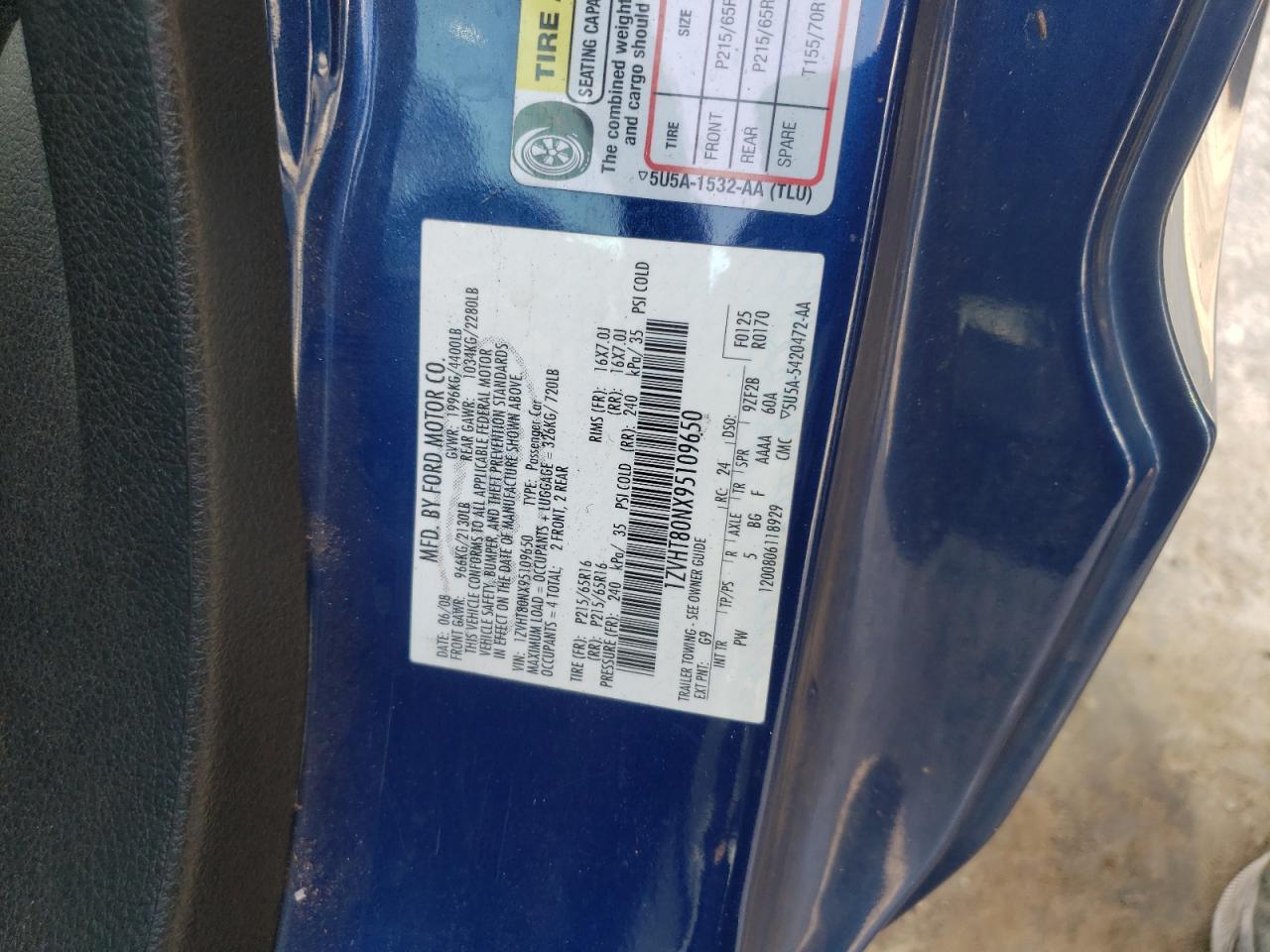 2009 Ford Mustang VIN: 1ZVHT80NX95109650 Lot: 62343774