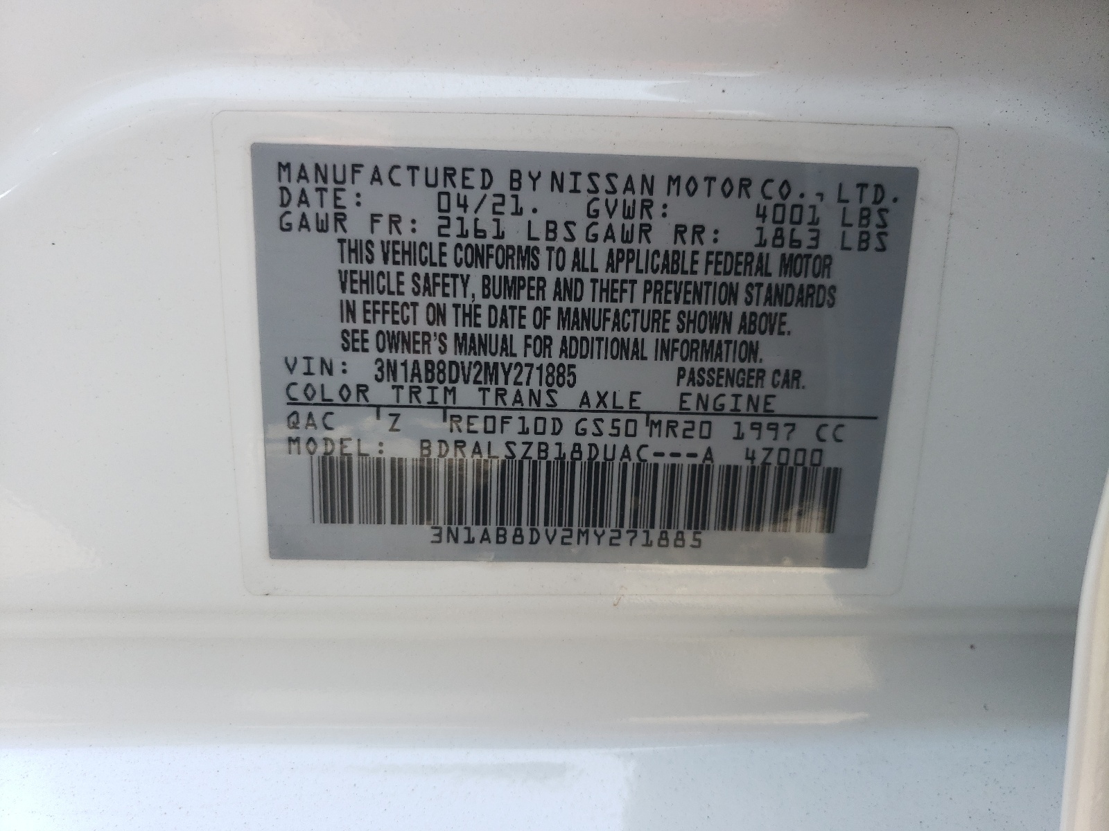 3N1AB8DV2MY271885 2021 Nissan Sentra Sr