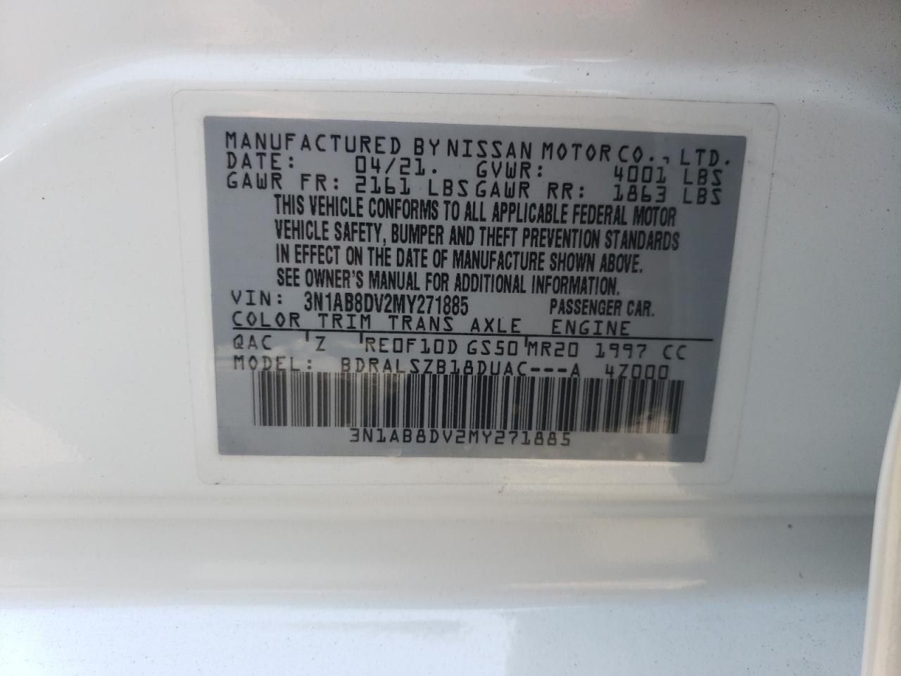 2021 Nissan Sentra Sr VIN: 3N1AB8DV2MY271885 Lot: 64722154