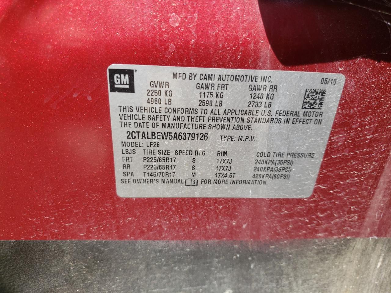 2010 GMC Terrain Sle VIN: 2CTALBEW5A6379126 Lot: 64035764