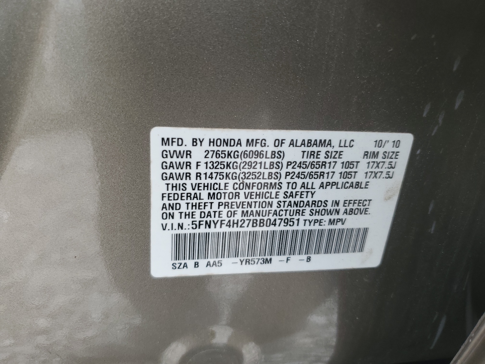 5FNYF4H27BB047951 2011 Honda Pilot Lx