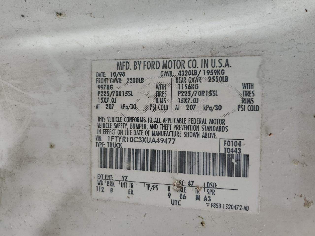 1999 Ford Ranger VIN: 1FTYR10C3XUA49477 Lot: 63033714