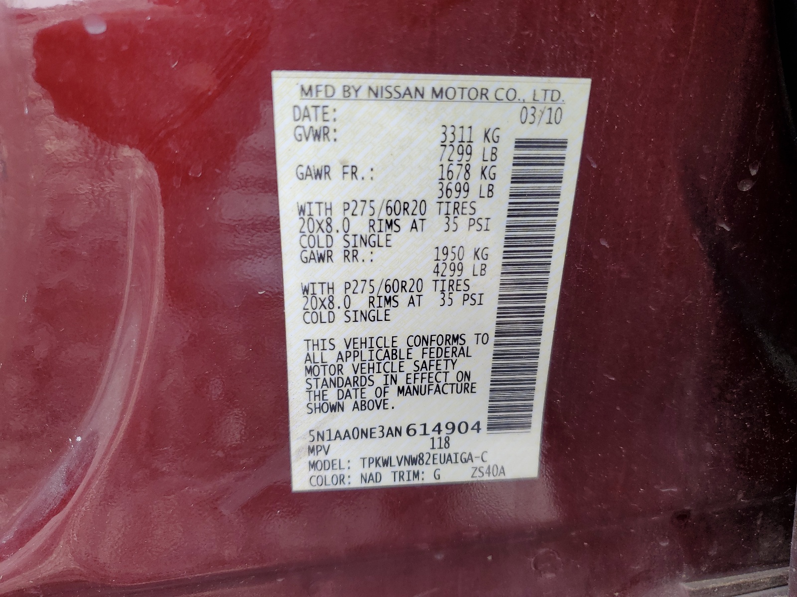 5N1AA0NE3AN614904 2010 Nissan Armada Platinum