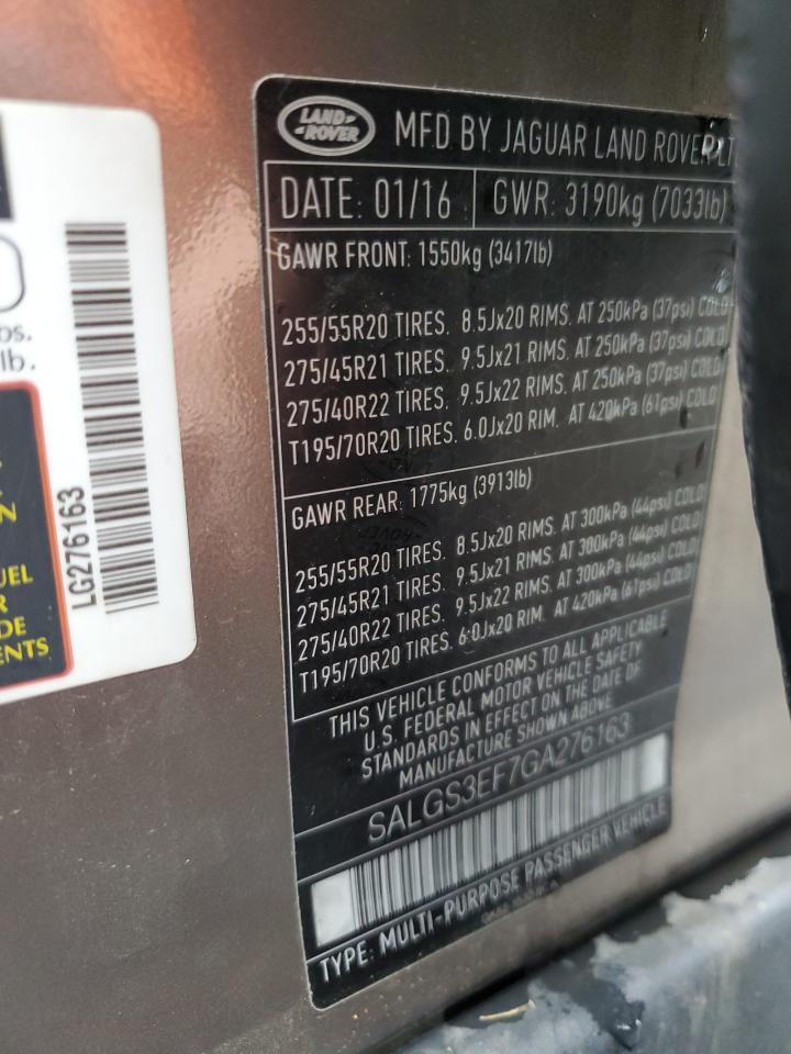 2016 Land Rover Range Rover Supercharged VIN: SALGS3EF7GA276163 Lot: 64040484