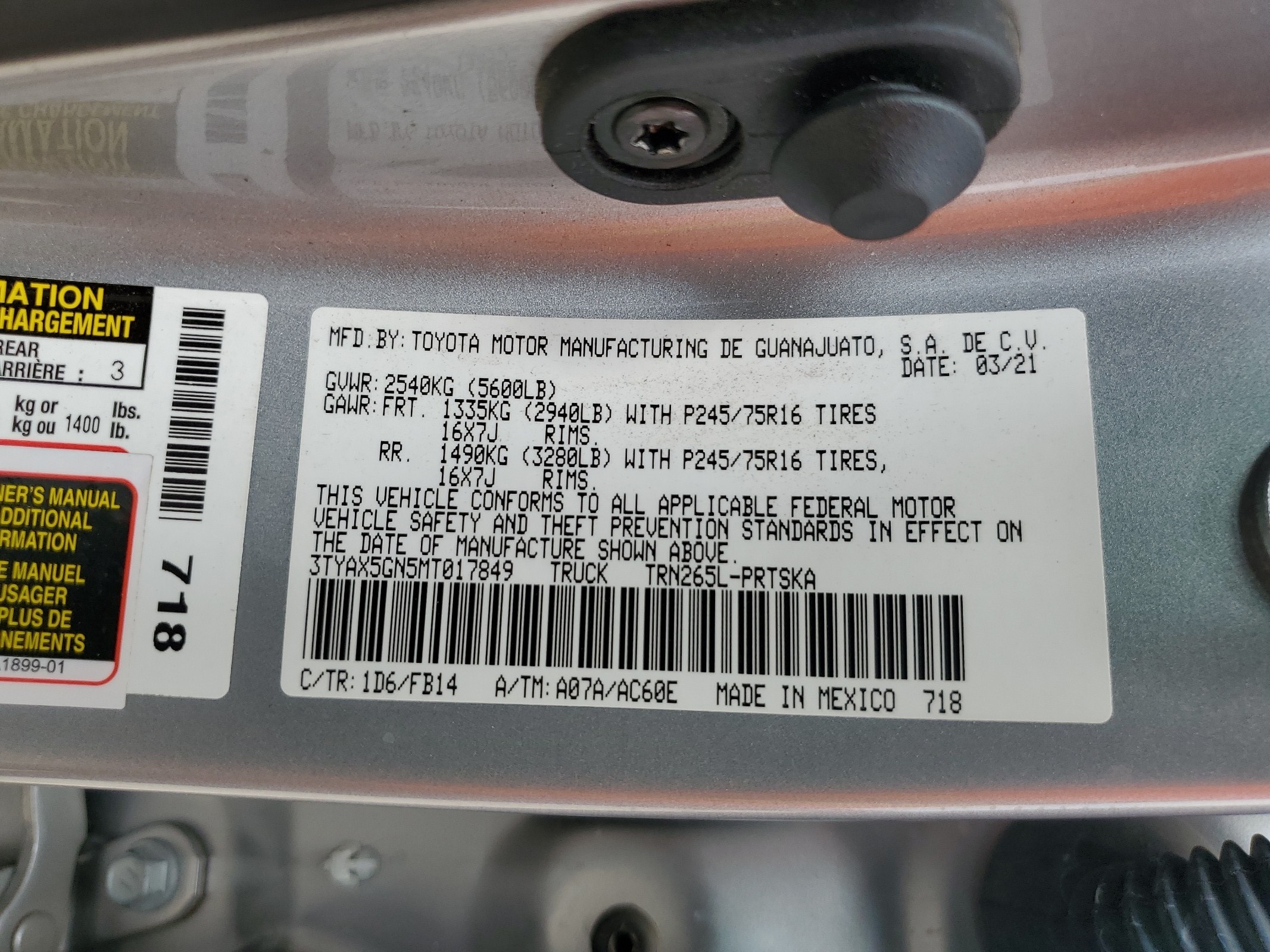 3TYAX5GN5MT017849 2021 Toyota Tacoma Double Cab