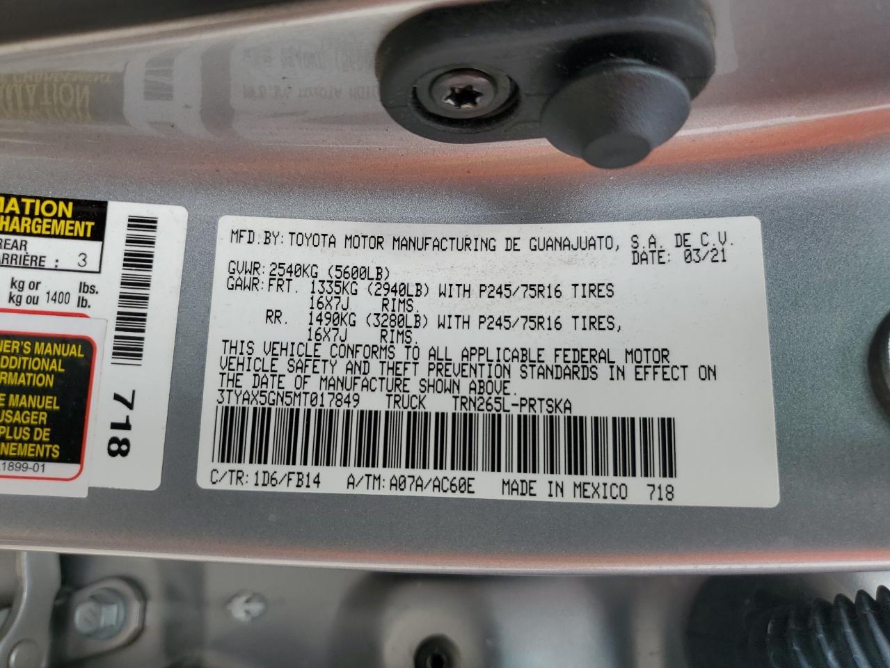 2021 Toyota Tacoma Double Cab VIN: 3TYAX5GN5MT017849 Lot: 63118944