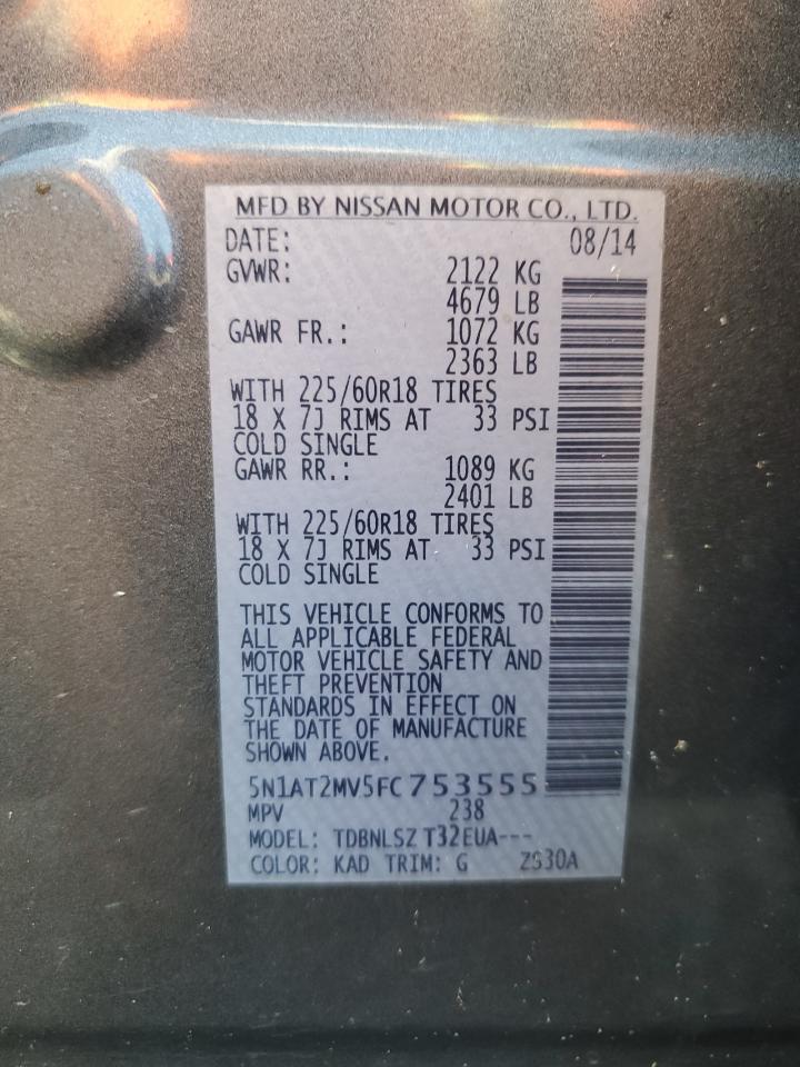 2015 Nissan Rogue S VIN: 5N1AT2MV5FC753555 Lot: 65054274