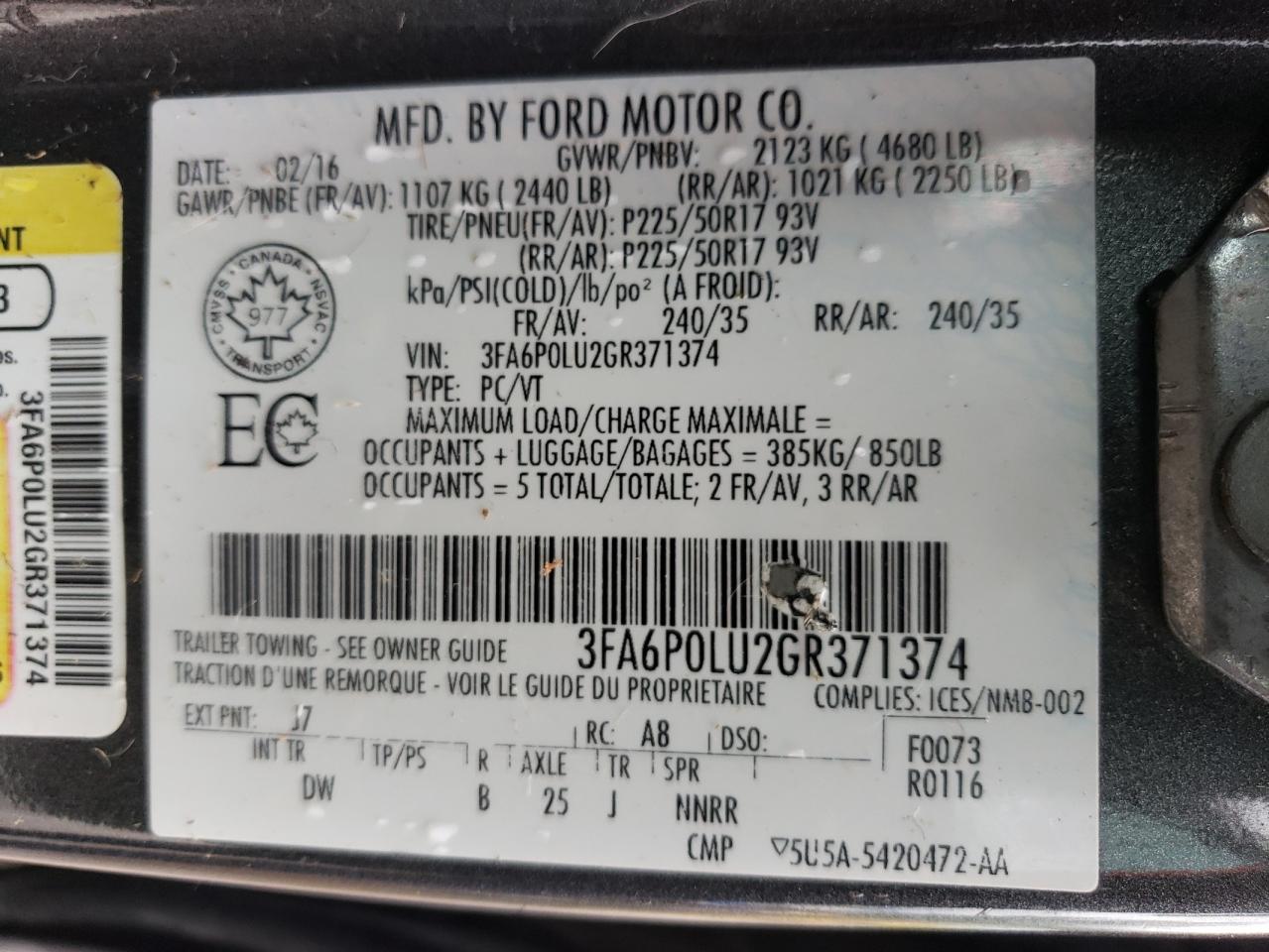 2016 Ford Fusion Se Hybrid VIN: 3FA6P0LU2GR371374 Lot: 62691614