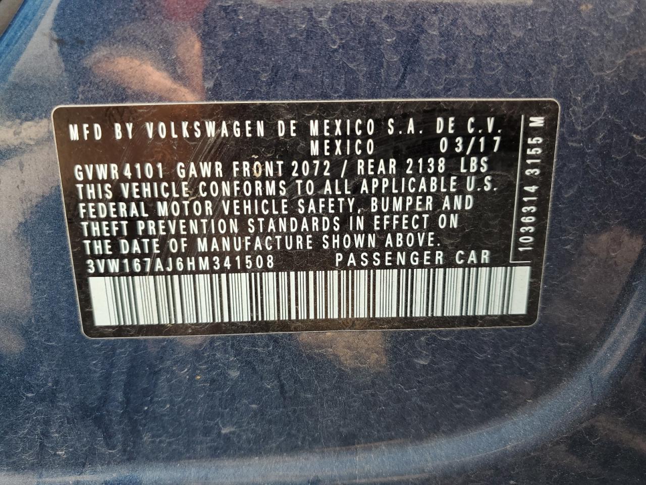 2017 Volkswagen Jetta S VIN: 3VW167AJ6HM341508 Lot: 62042694