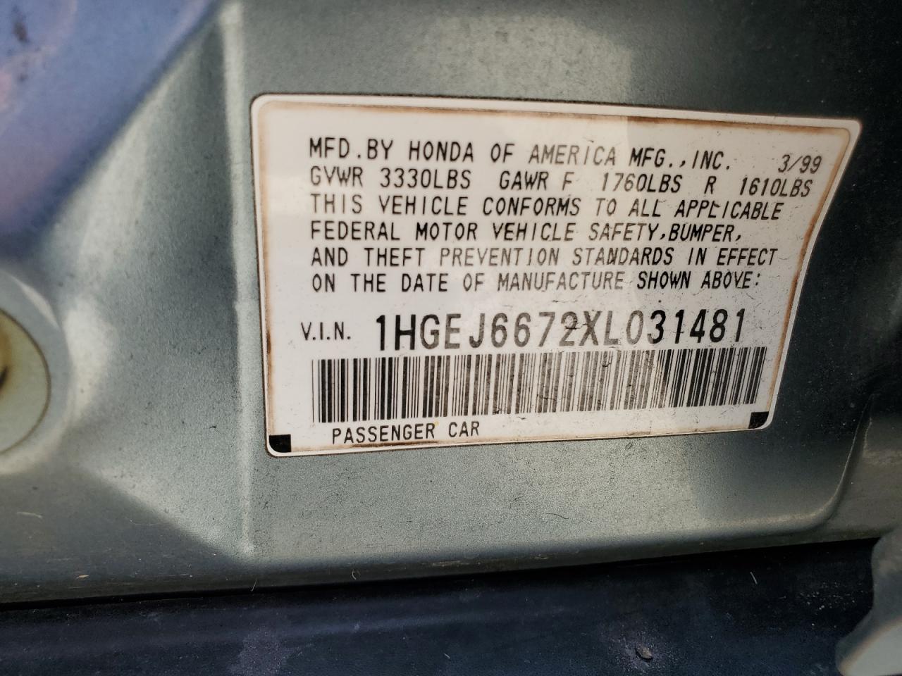 1999 Honda Civic Lx VIN: 1HGEJ6672XL031481 Lot: 64522464