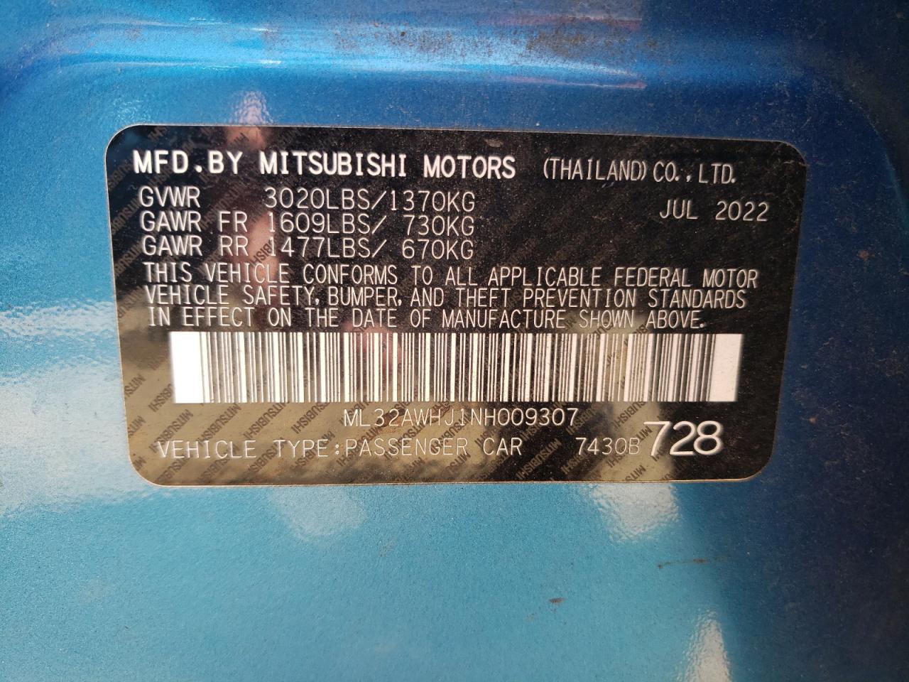 2022 Mitsubishi Mirage Se VIN: ML32AWHJ1NH009307 Lot: 61263644