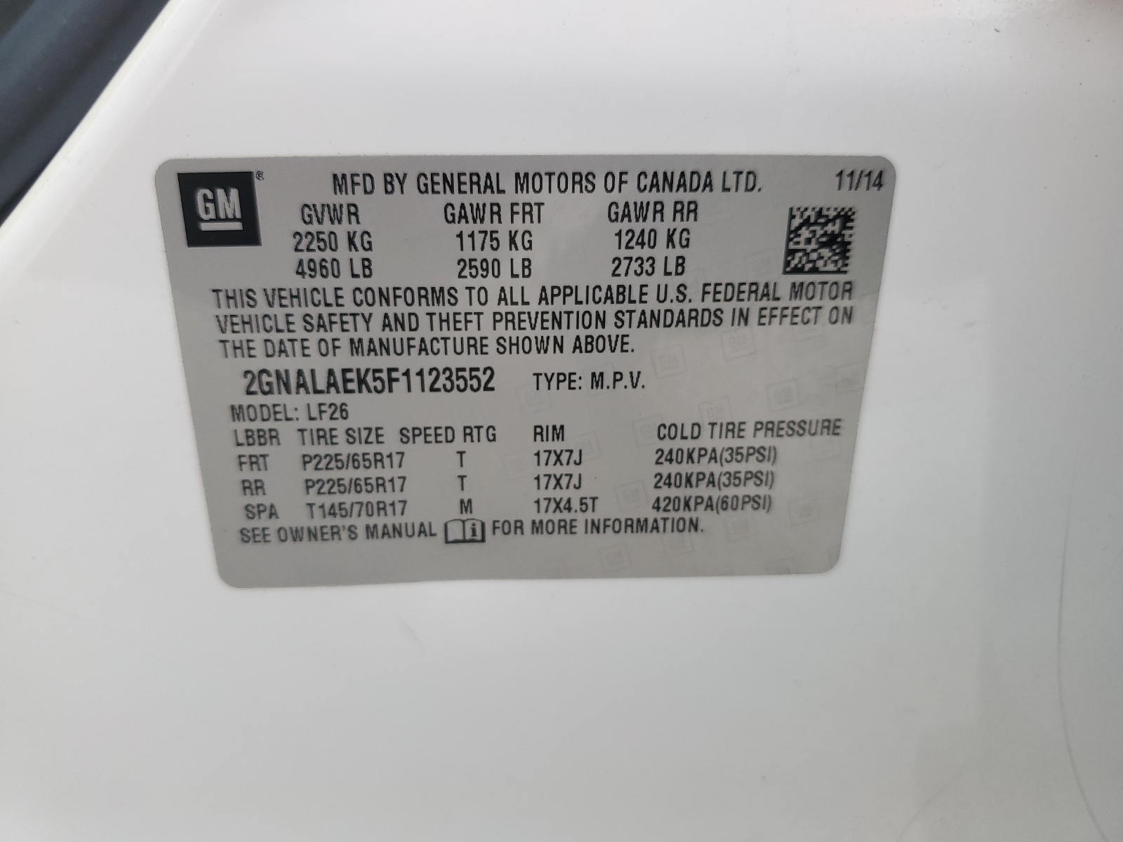 2GNALAEK5F1123552 2015 Chevrolet Equinox Ls