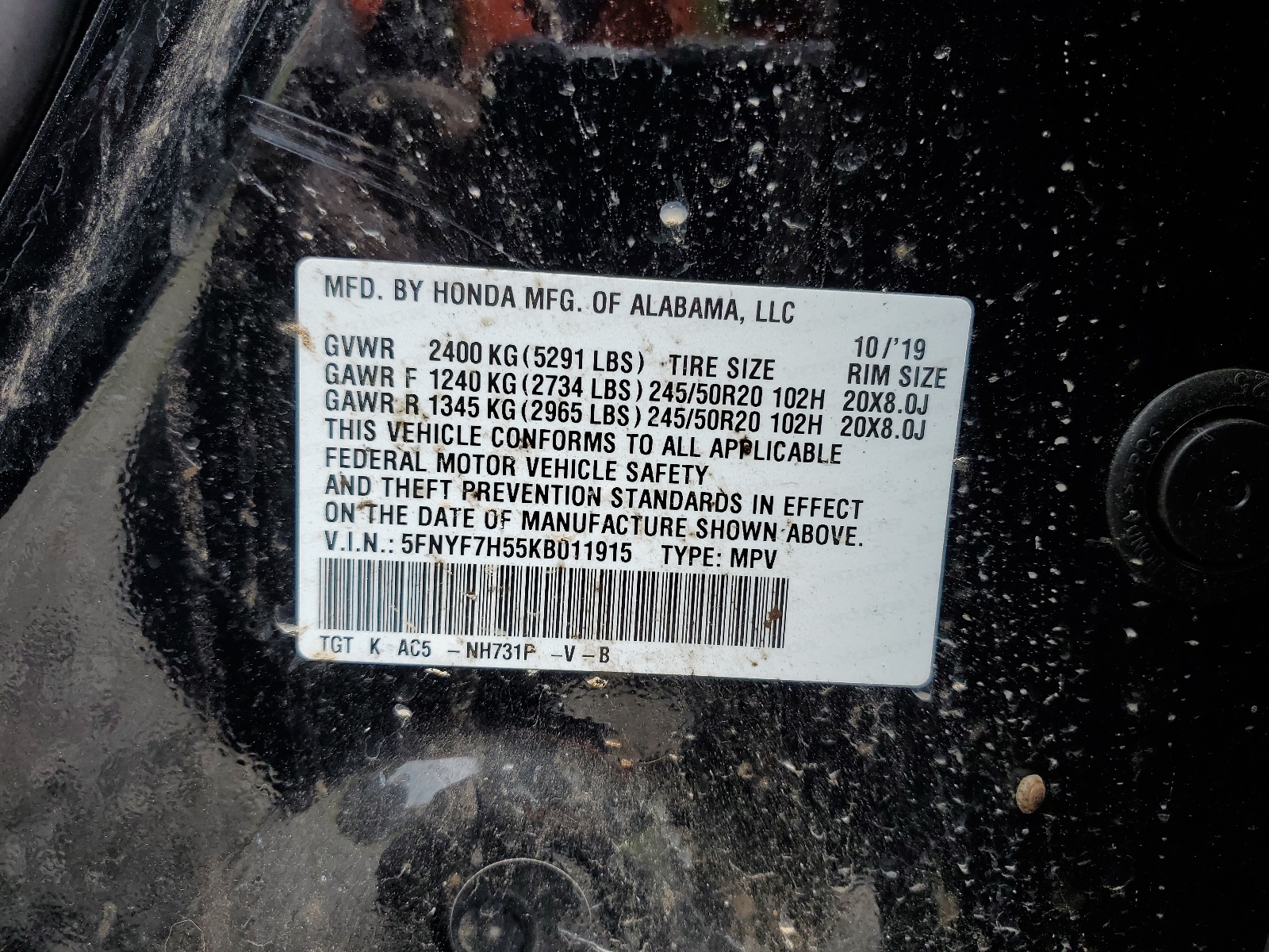 5FNYF7H55KB011915 2019 Honda Passport Exl