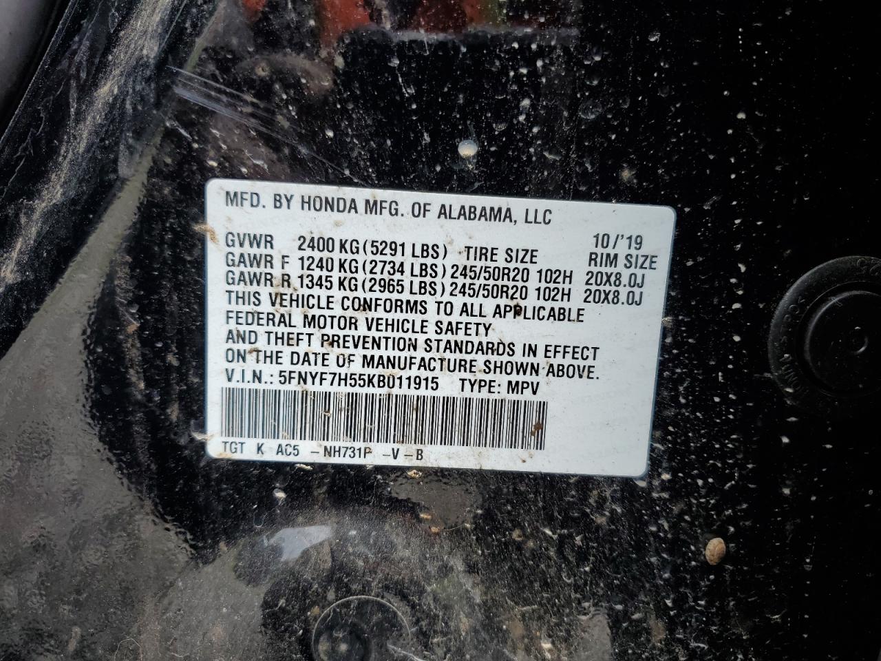 2019 Honda Passport Exl VIN: 5FNYF7H55KB011915 Lot: 62166604