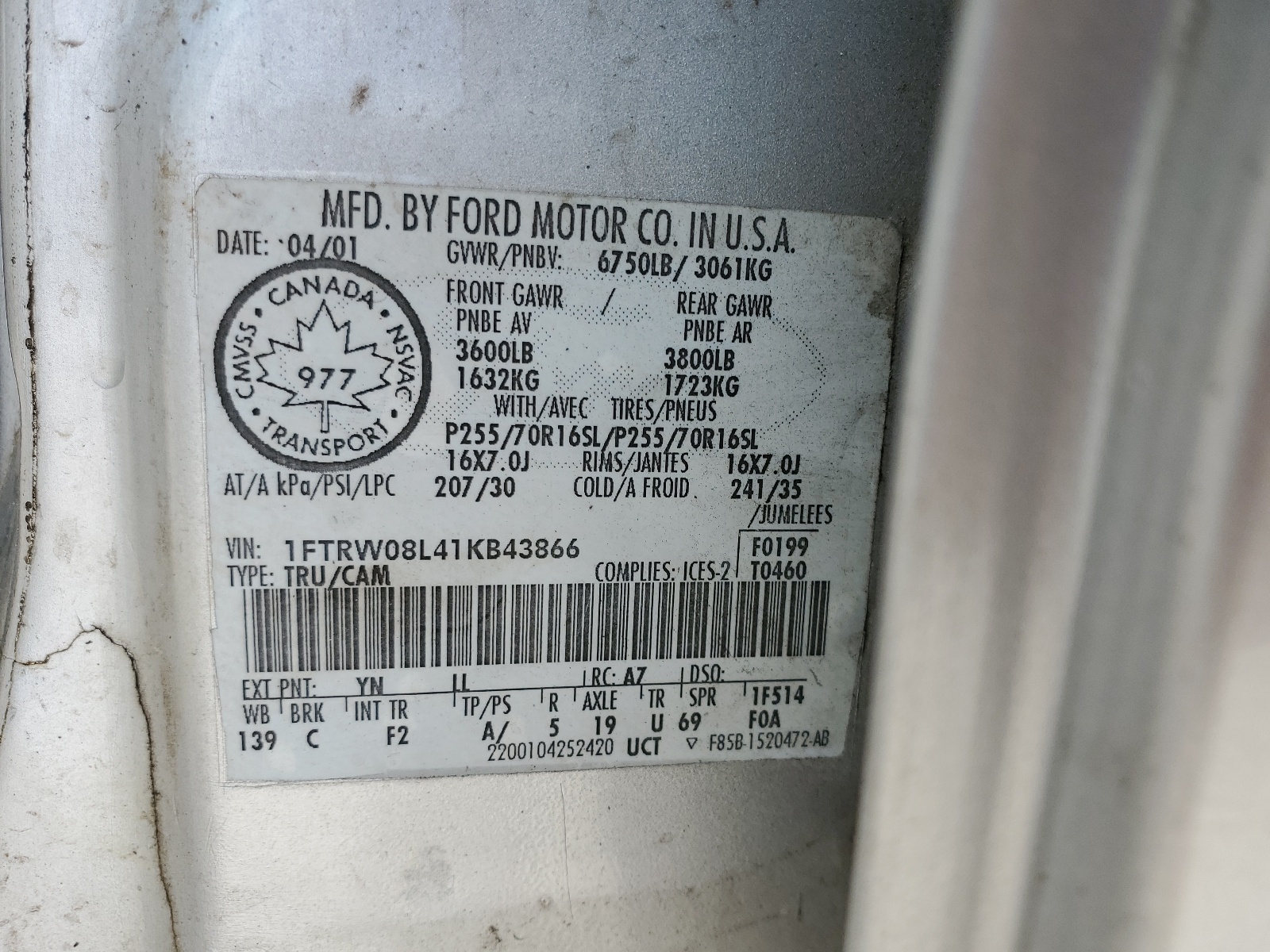 1FTRW08L41KB43866 2001 Ford F150 Supercrew