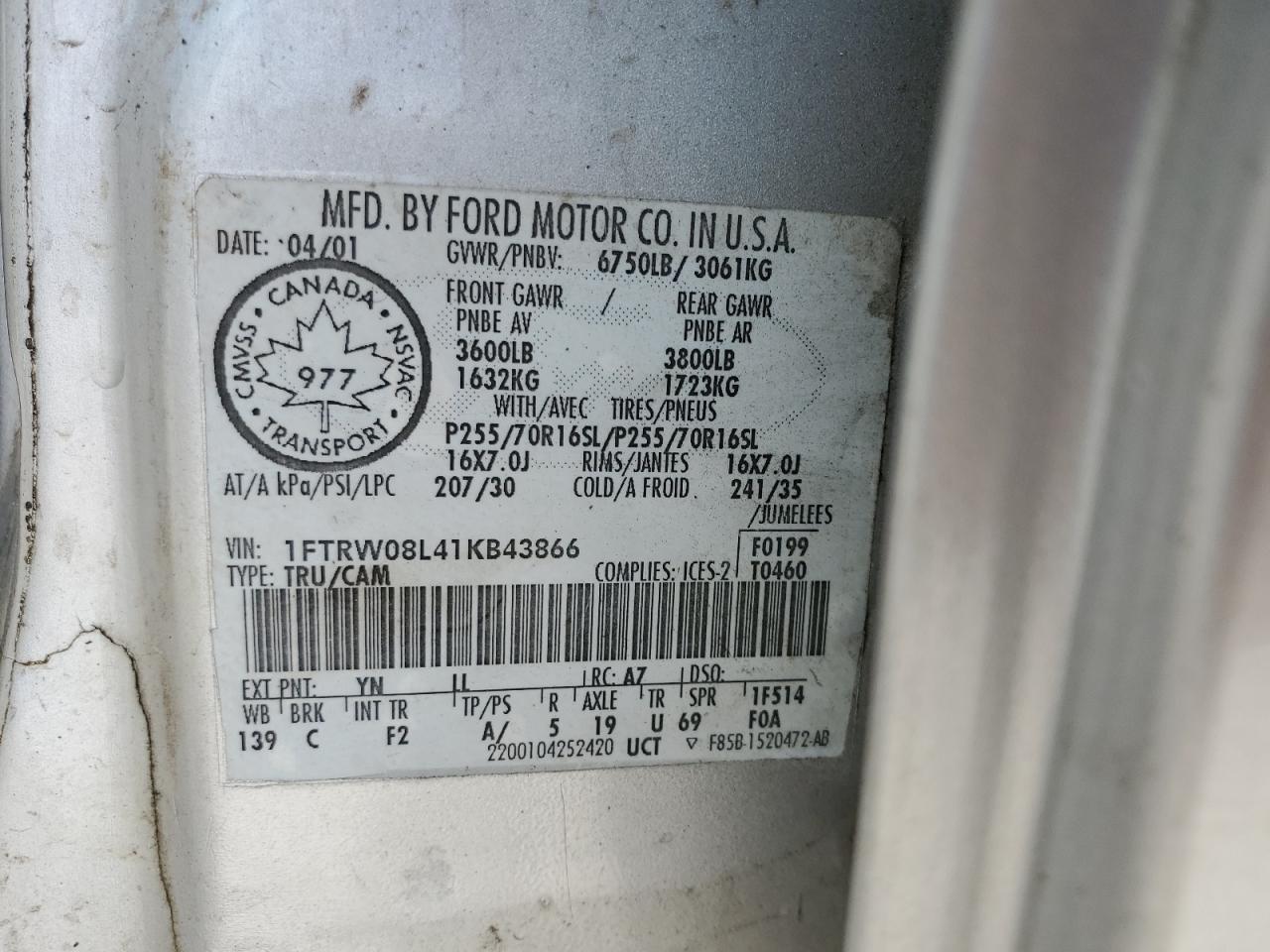 2001 Ford F150 Supercrew VIN: 1FTRW08L41KB43866 Lot: 65461004