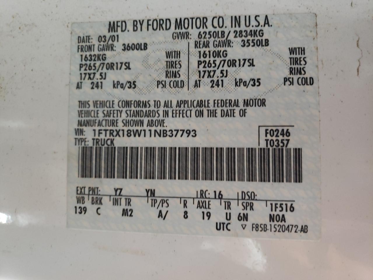 2001 Ford F150 VIN: 1FTRX18W11NB37793 Lot: 65057464