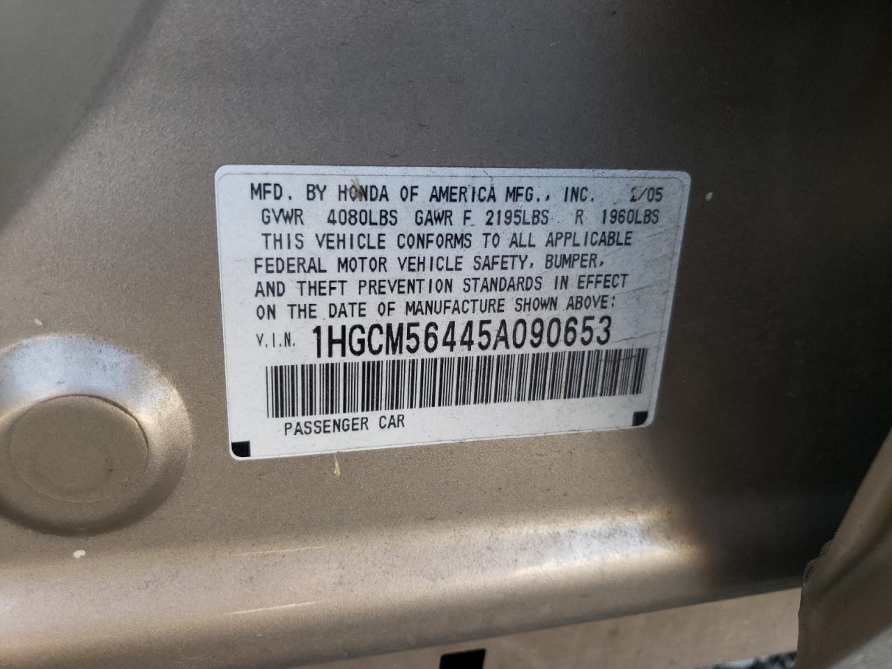 2005 Honda Accord Lx VIN: 1HGCM56445A090653 Lot: 63109944