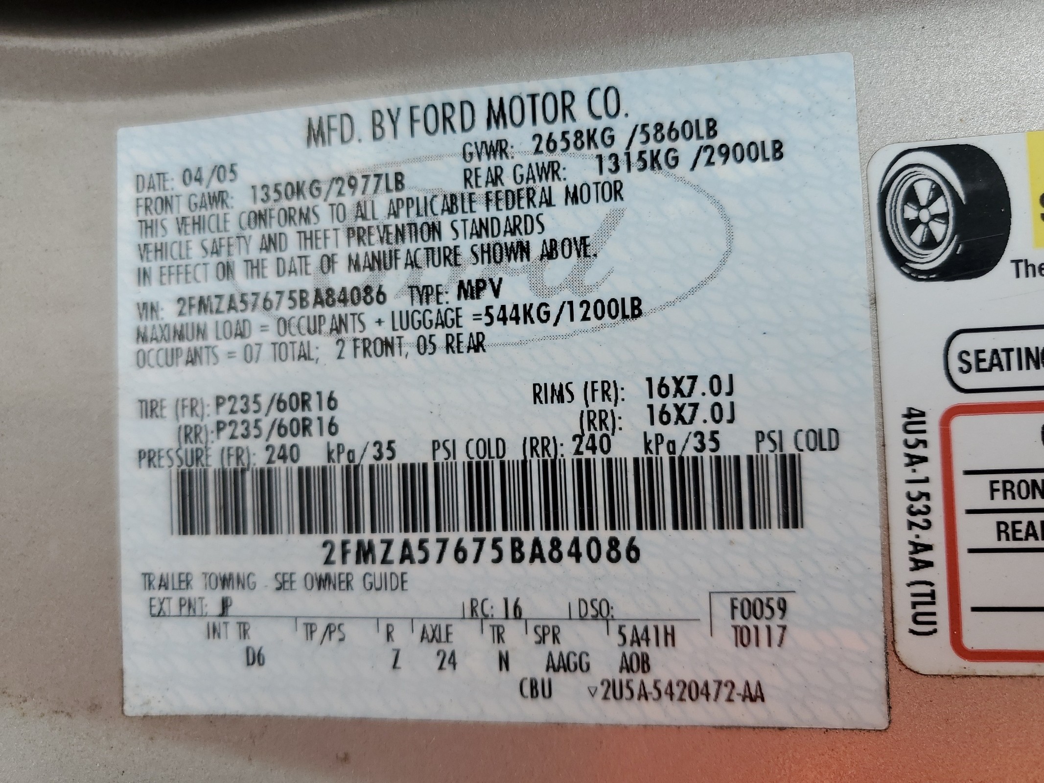 2FMZA57675BA84086 2005 Ford Freestar Ses