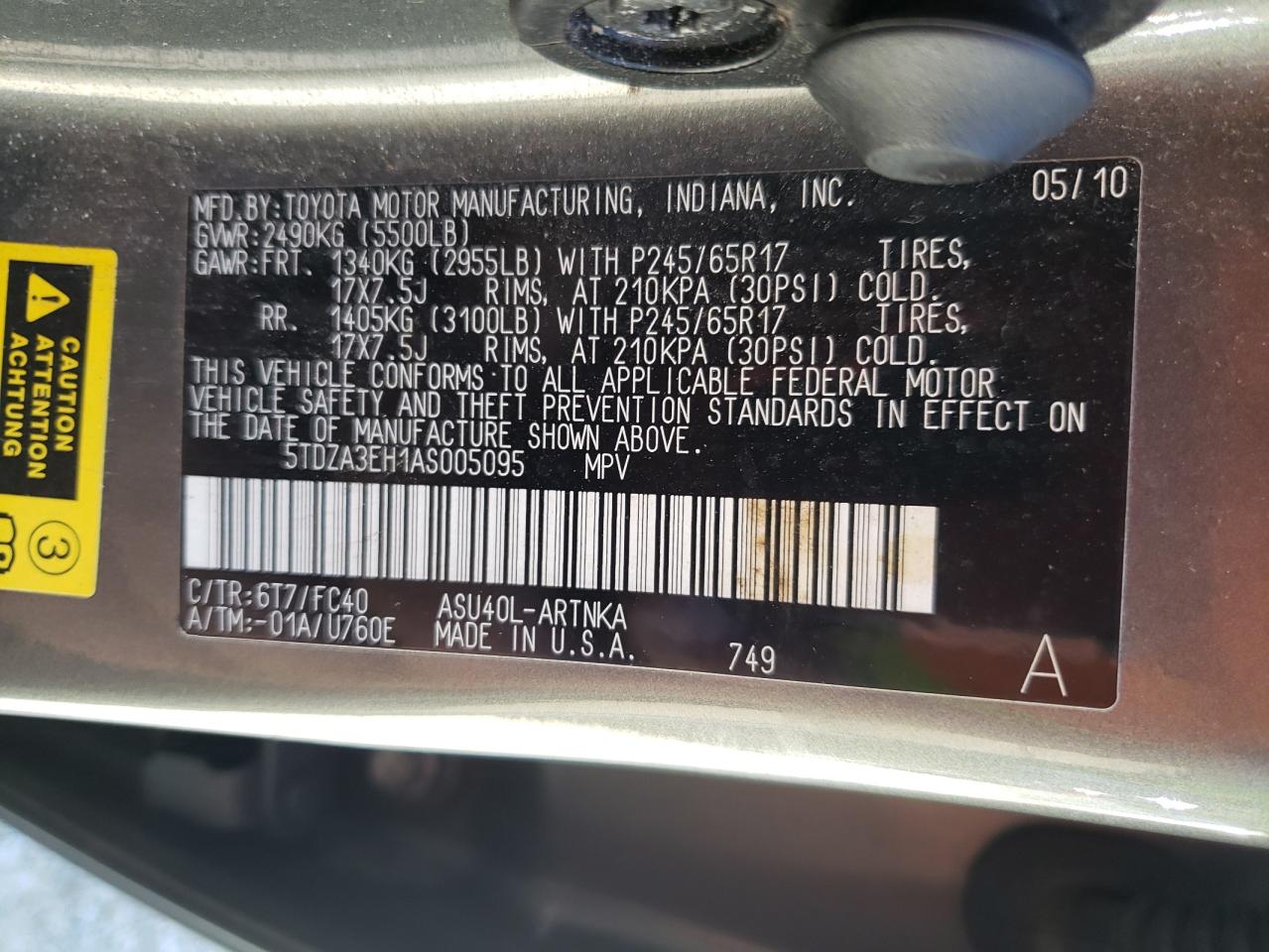 2010 Toyota Highlander VIN: 5TDZA3EH1AS005095 Lot: 63793264