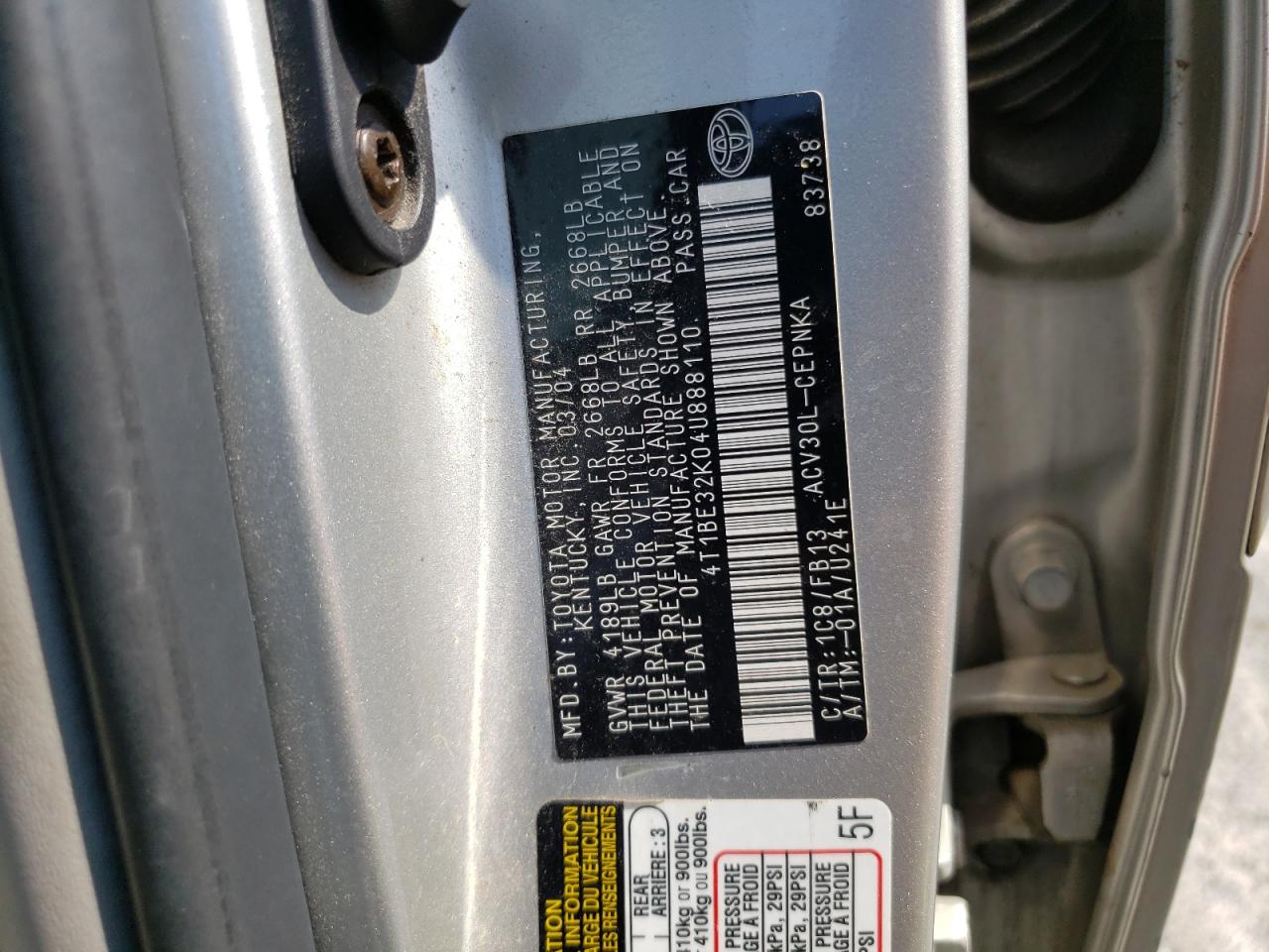 2004 Toyota Camry Le VIN: 4T1BE32K04U888110 Lot: 64886584