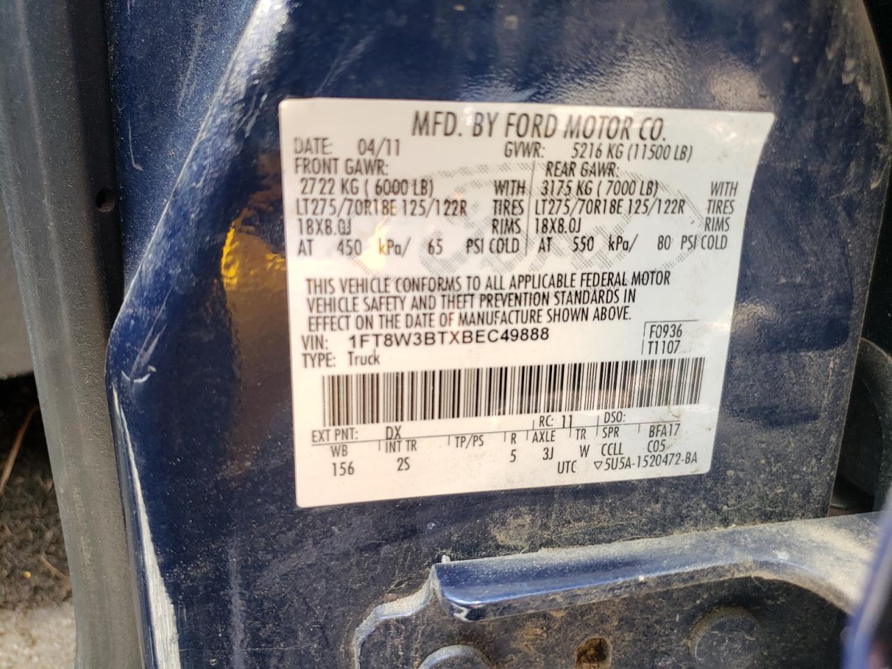 2011 Ford F350 Super Duty VIN: 1FT8W3BTXBEC49888 Lot: 61836774