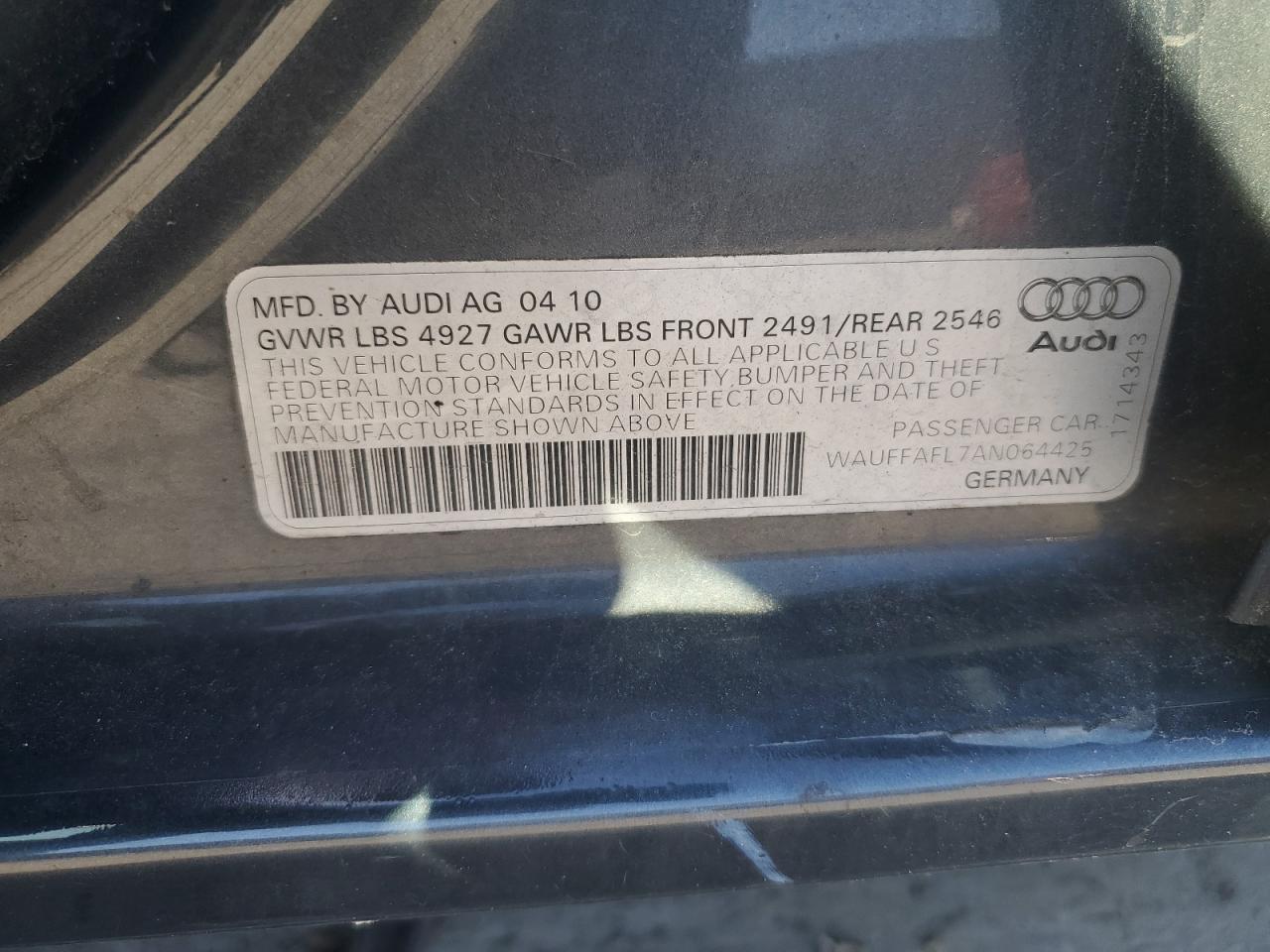 2010 Audi A4 Premium Plus VIN: WAUFFAFL7AN064425 Lot: 61481074