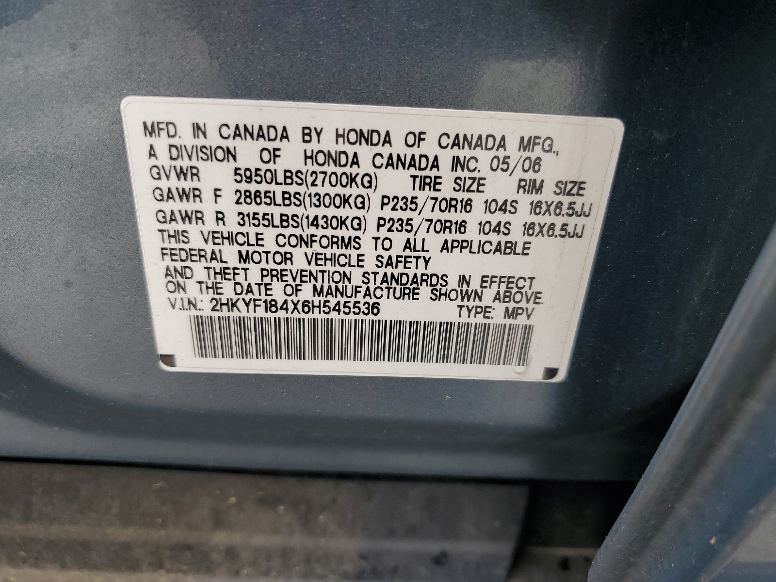 2HKYF184X6H545536 2006 Honda Pilot Ex