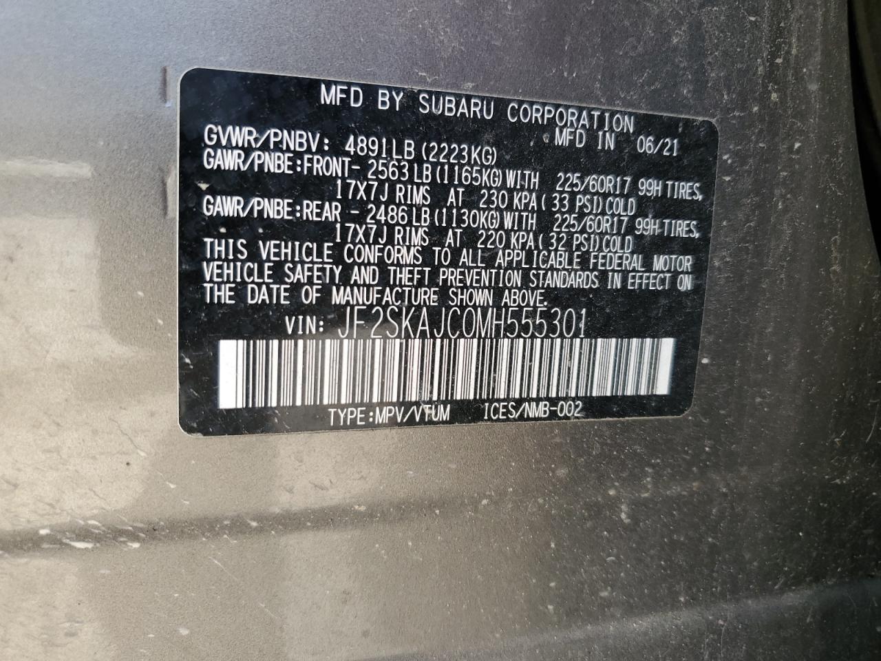 2021 Subaru Forester Premium VIN: JF2SKAJC0MH555301 Lot: 61480334