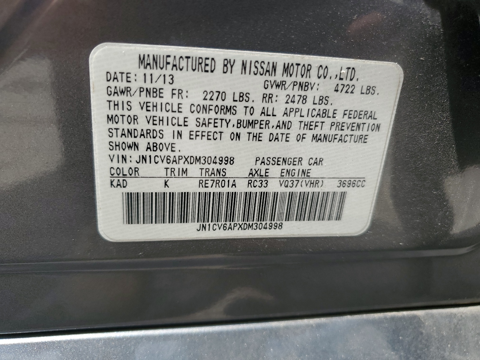 JN1CV6APXDM304998 2013 Infiniti G37 Base