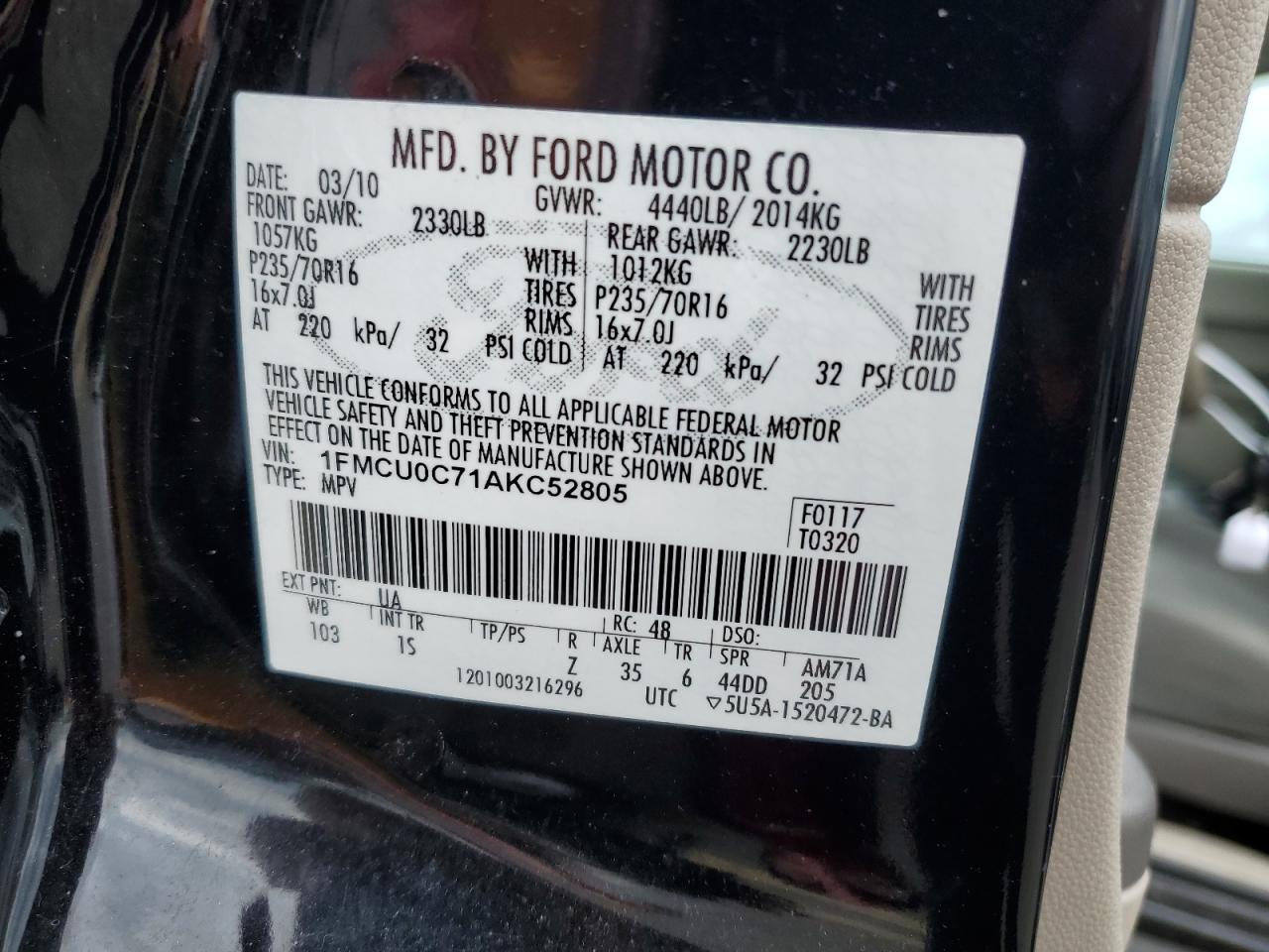 1FMCU0C71AKC52805 2010 Ford Escape Xls