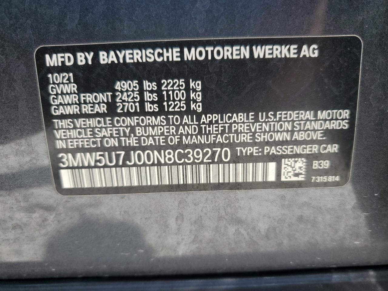 2022 BMW M340I VIN: 3MW5U7J00N8C39270 Lot: 60357664