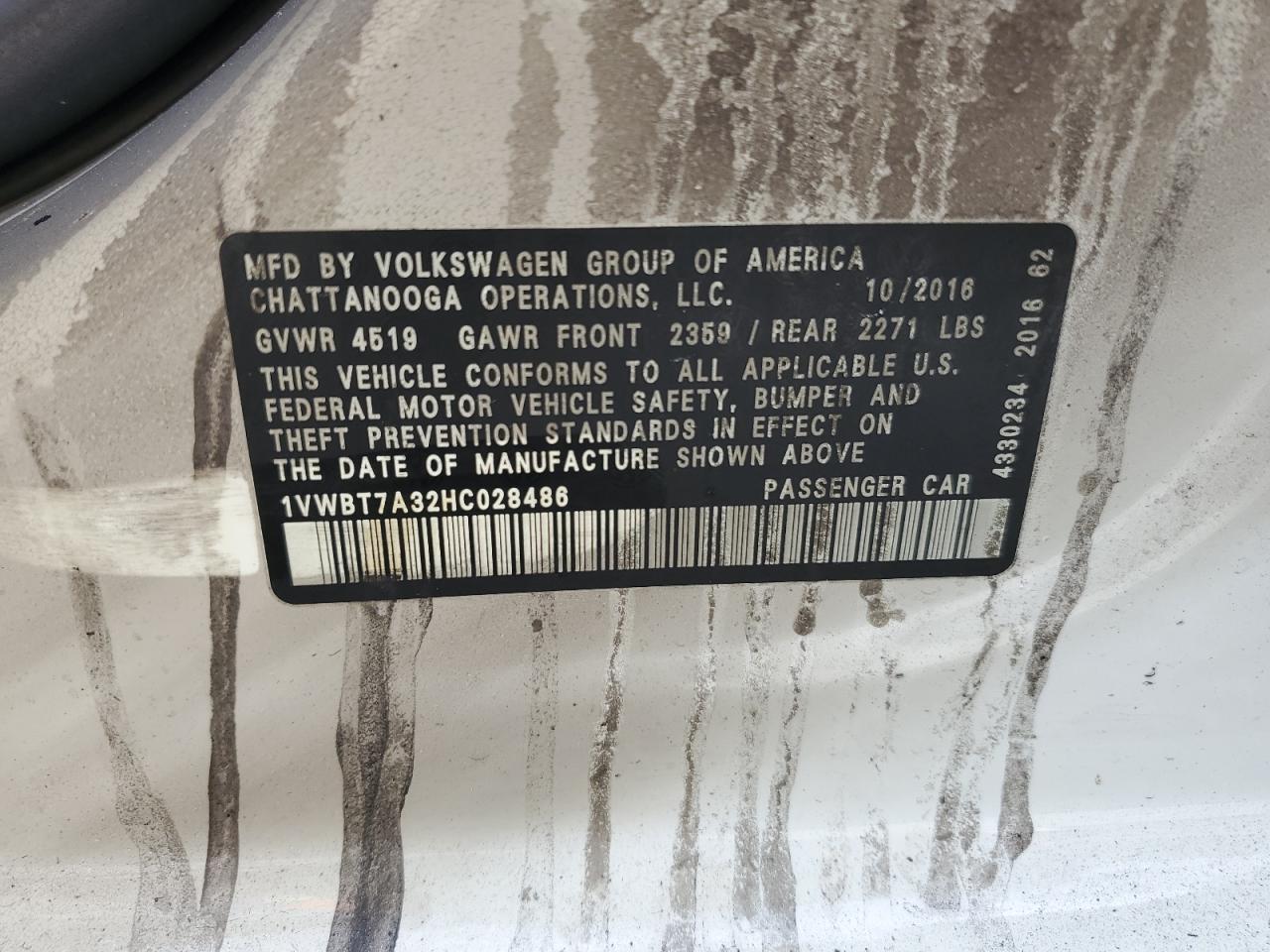 2017 Volkswagen Passat Se VIN: 1VWBT7A32HC028486 Lot: 61090234