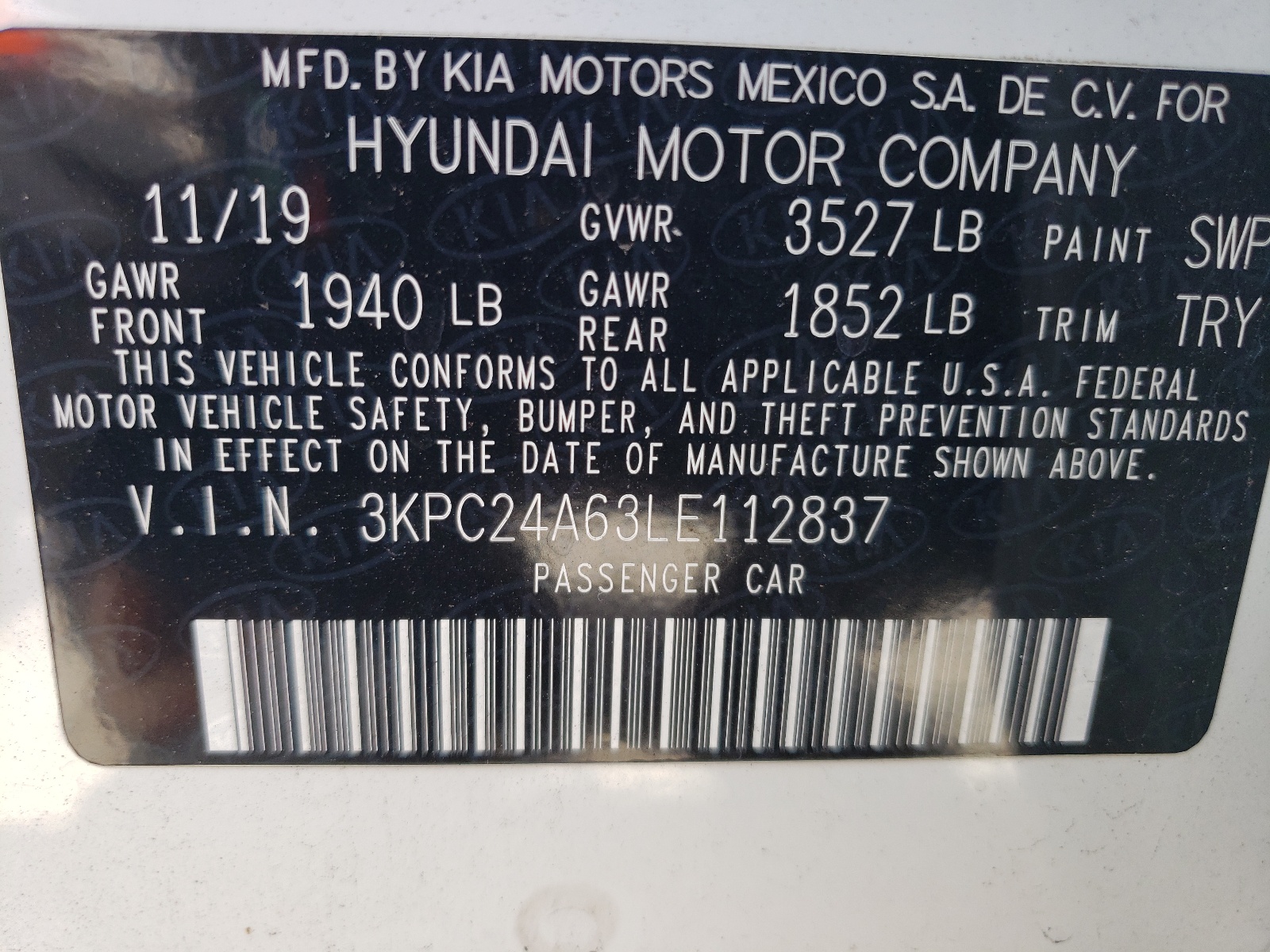3KPC24A63LE112837 2020 Hyundai Accent Se