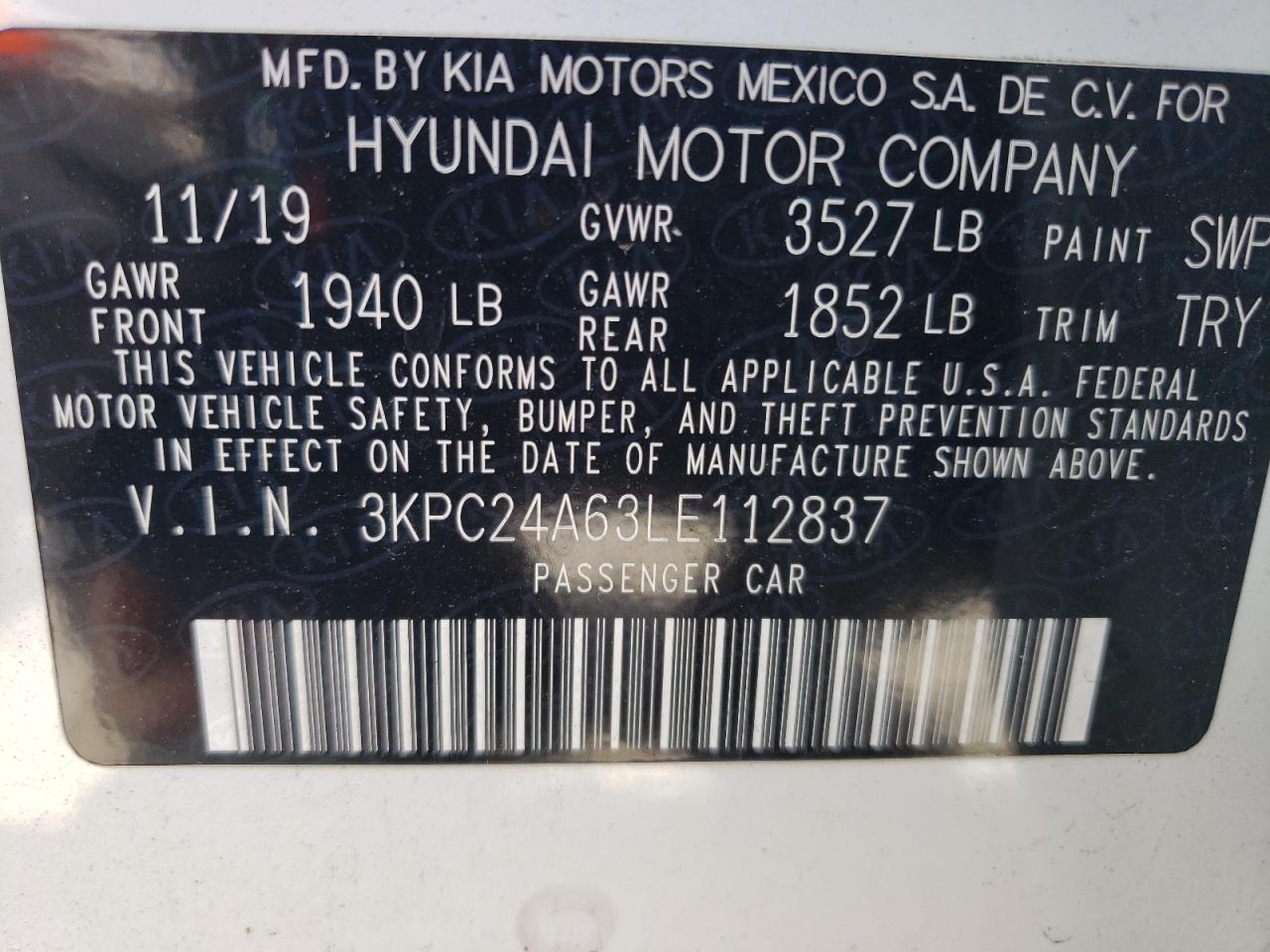 2020 Hyundai Accent Se VIN: 3KPC24A63LE112837 Lot: 63846714