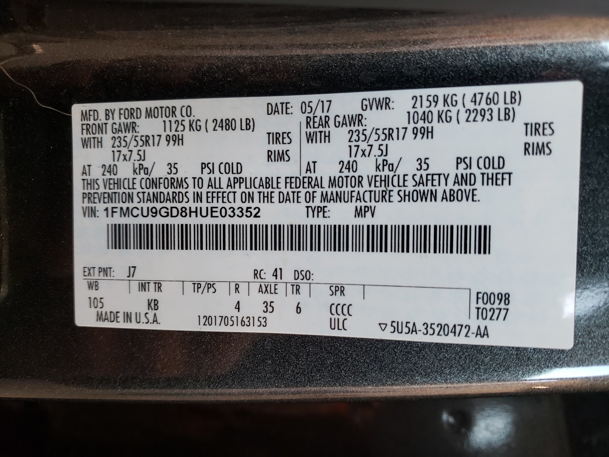 1FMCU9GD8HUE03352 2017 Ford Escape Se