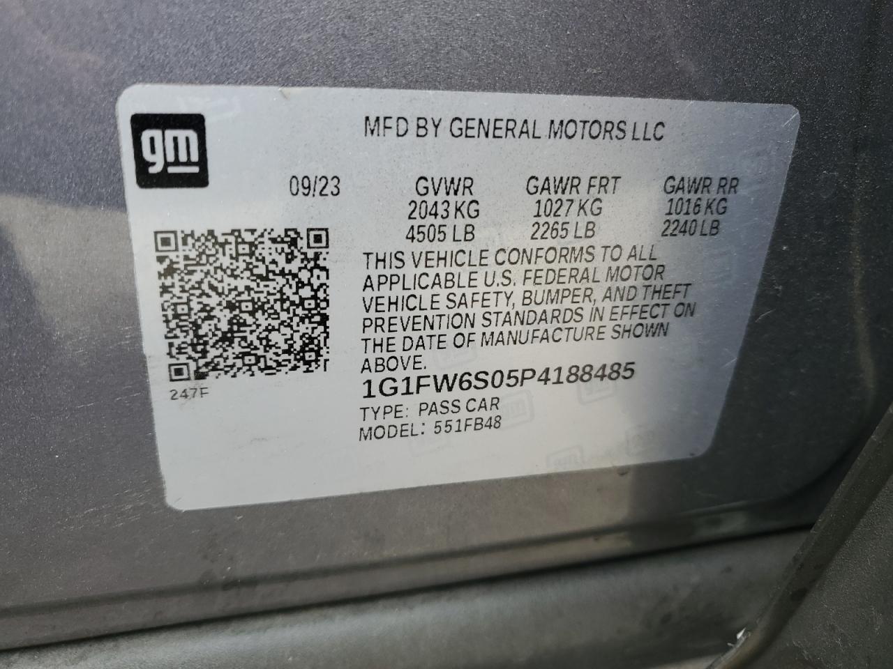 2023 Chevrolet Bolt Ev 1Lt VIN: 1G1FW6S05P4188485 Lot: 63358864